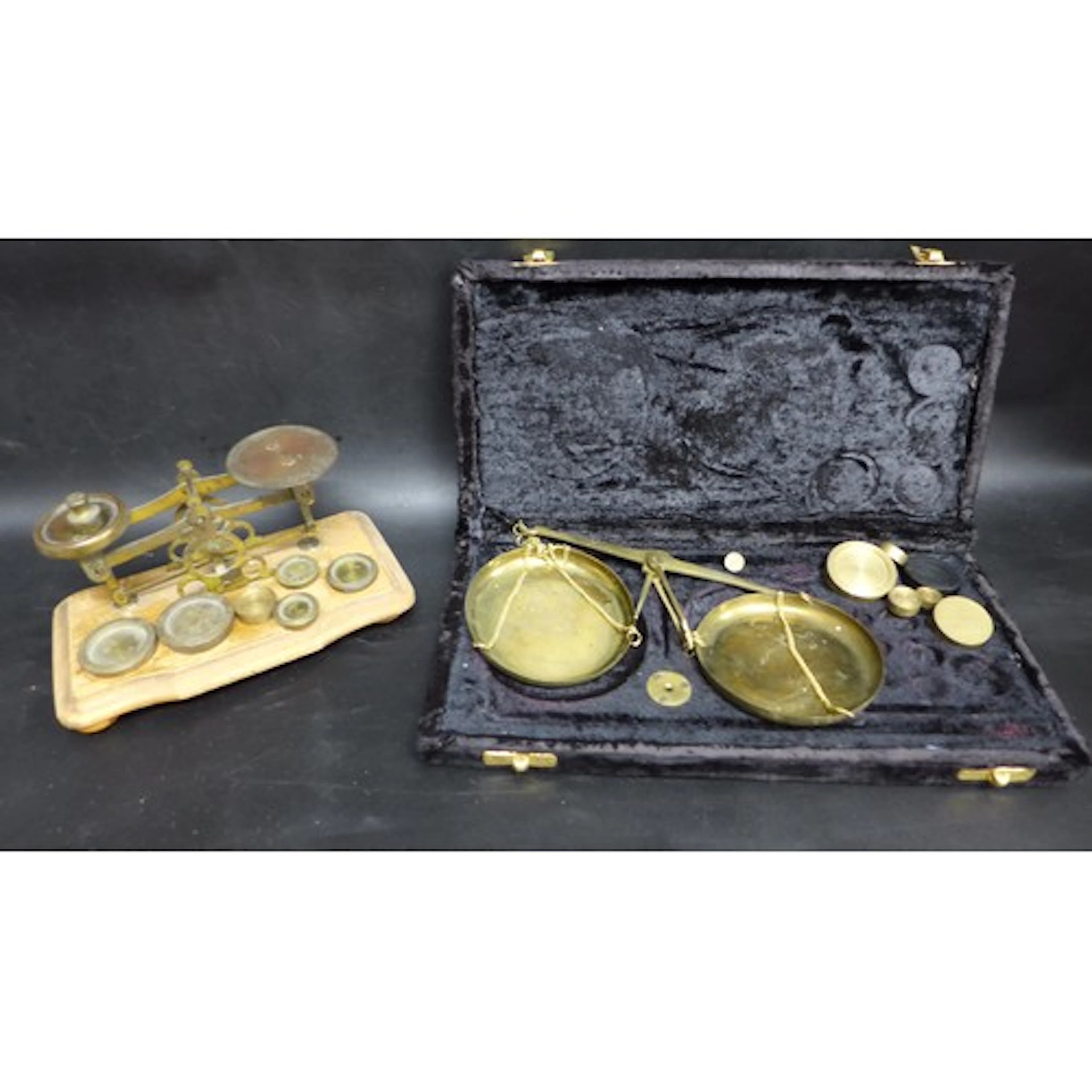 Scales; two sets of vintage balance scales, (cased set lacki...