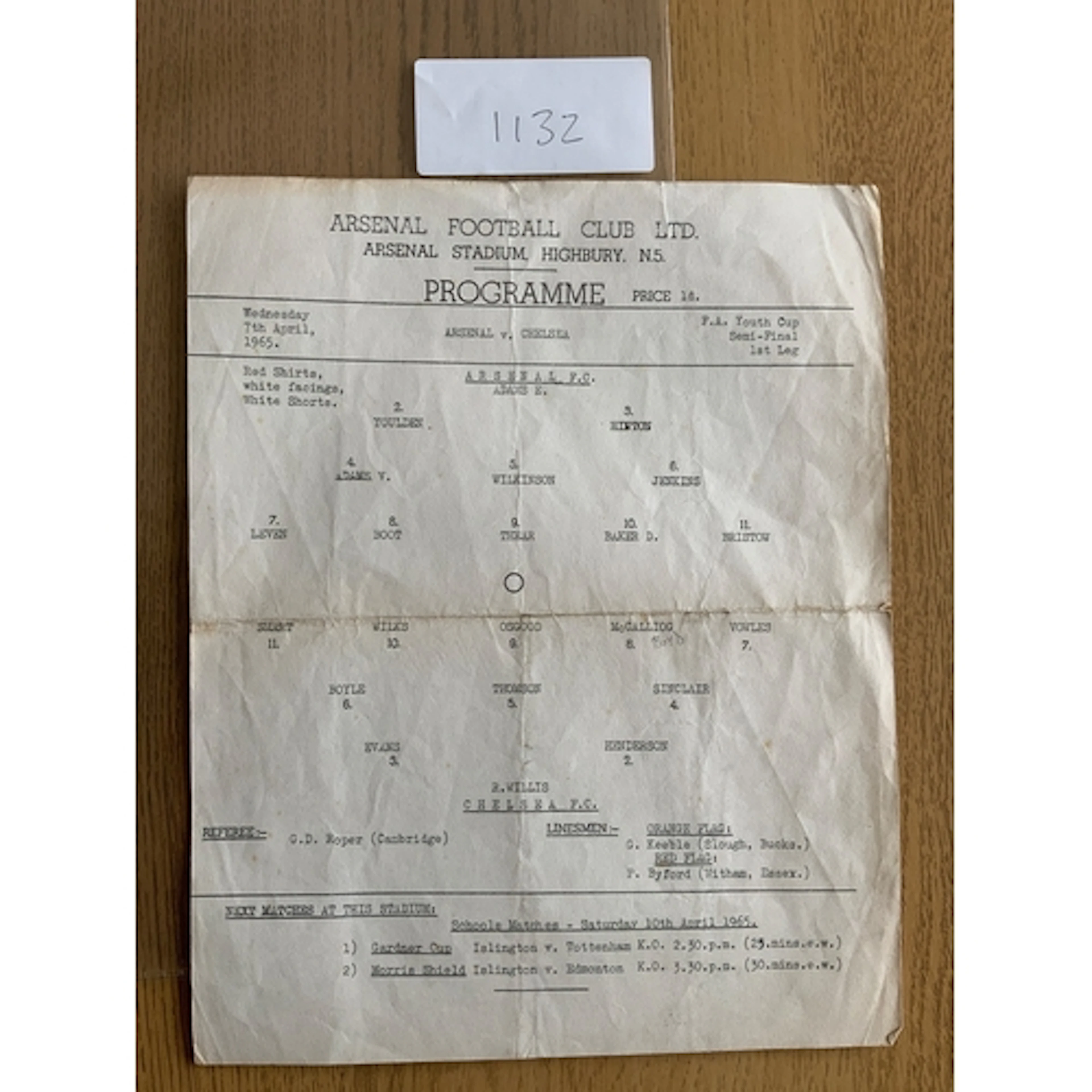 64/65 Arsenal v Chelsea Youth Cup Football Programme: Large ...