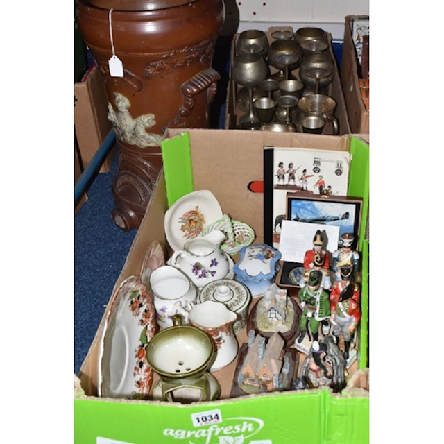 TWO BOXES AND LOOSE CERAMICS, METALWARE AND SUNDRY ITEMS, to...