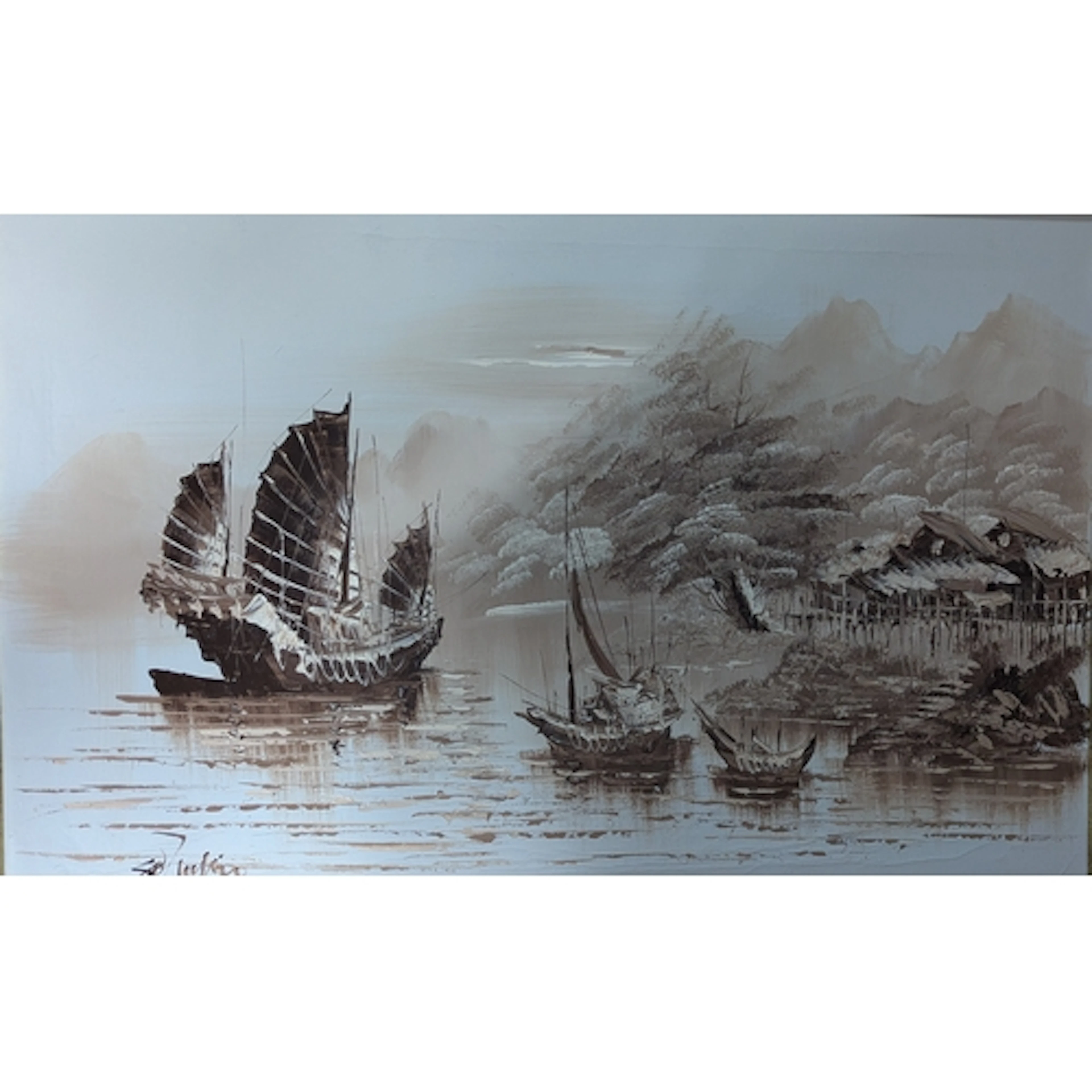 Mid century oil on canvas depicting Chinese junk boats, sign...