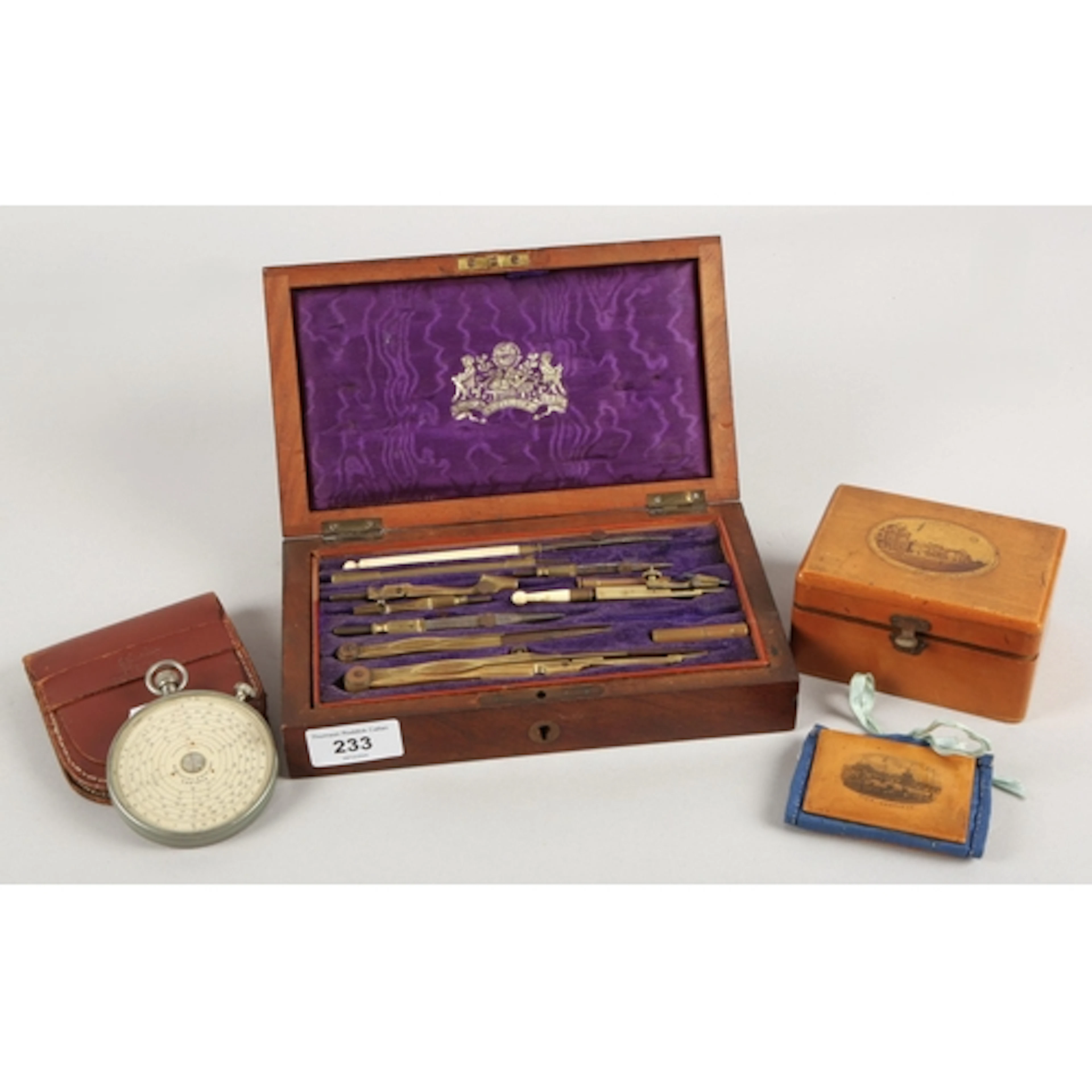 Mauchline ware box, antique architectural drawing set, with ...