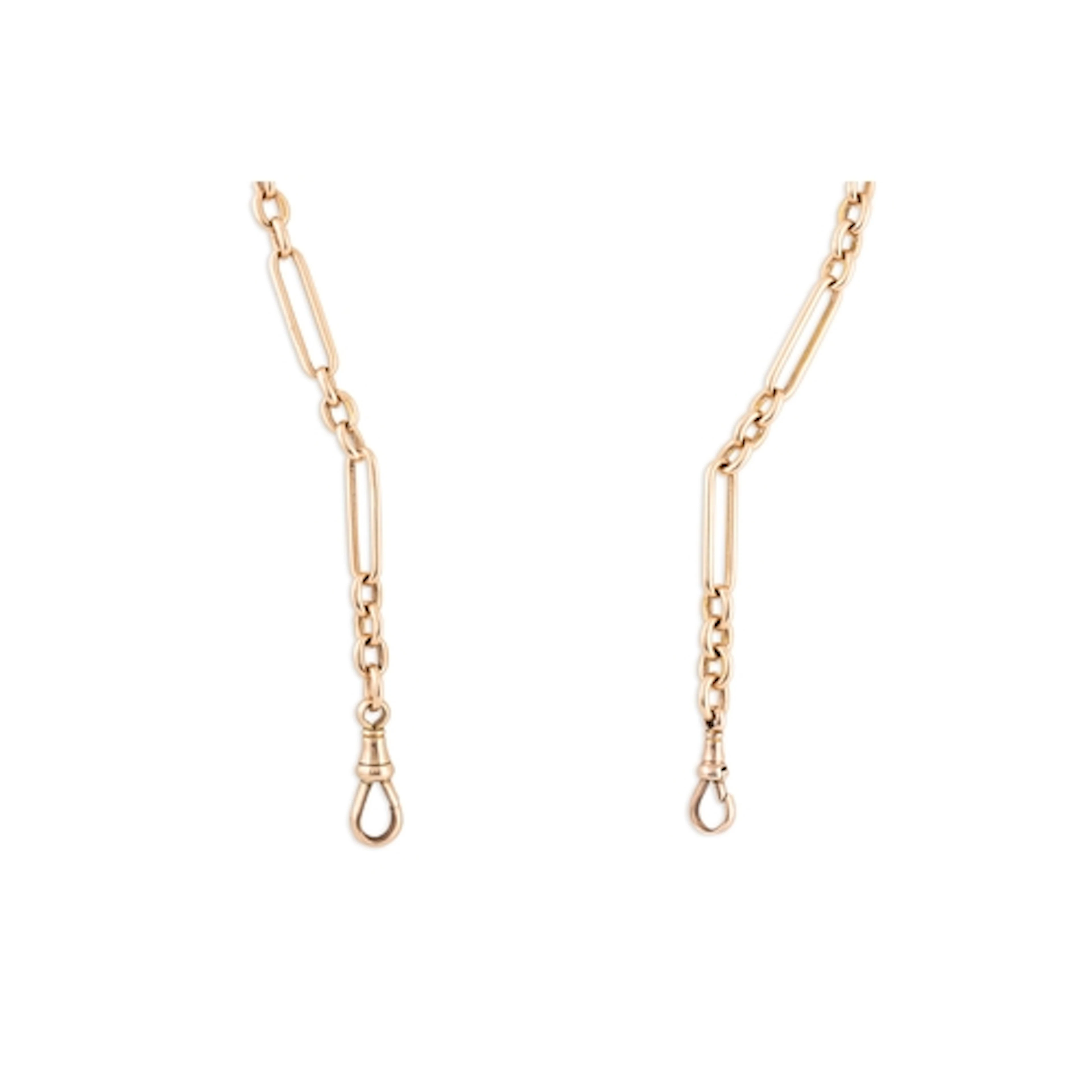 AN ANTIQUE 15CT GOLD WATCH CHAIN, long & short trombone link...