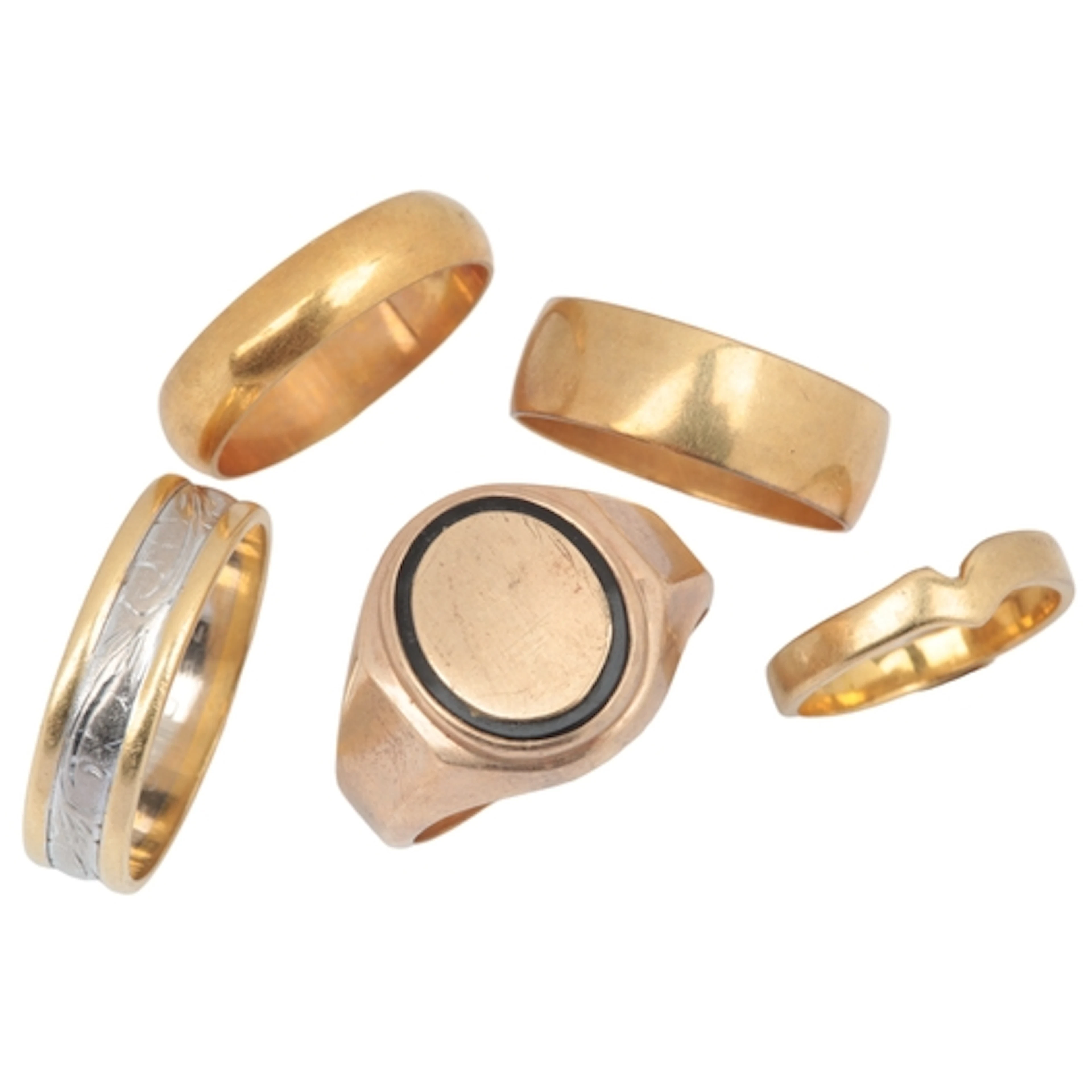 Tow yellow metal bands, stamped 18ct, a two colour band stam...