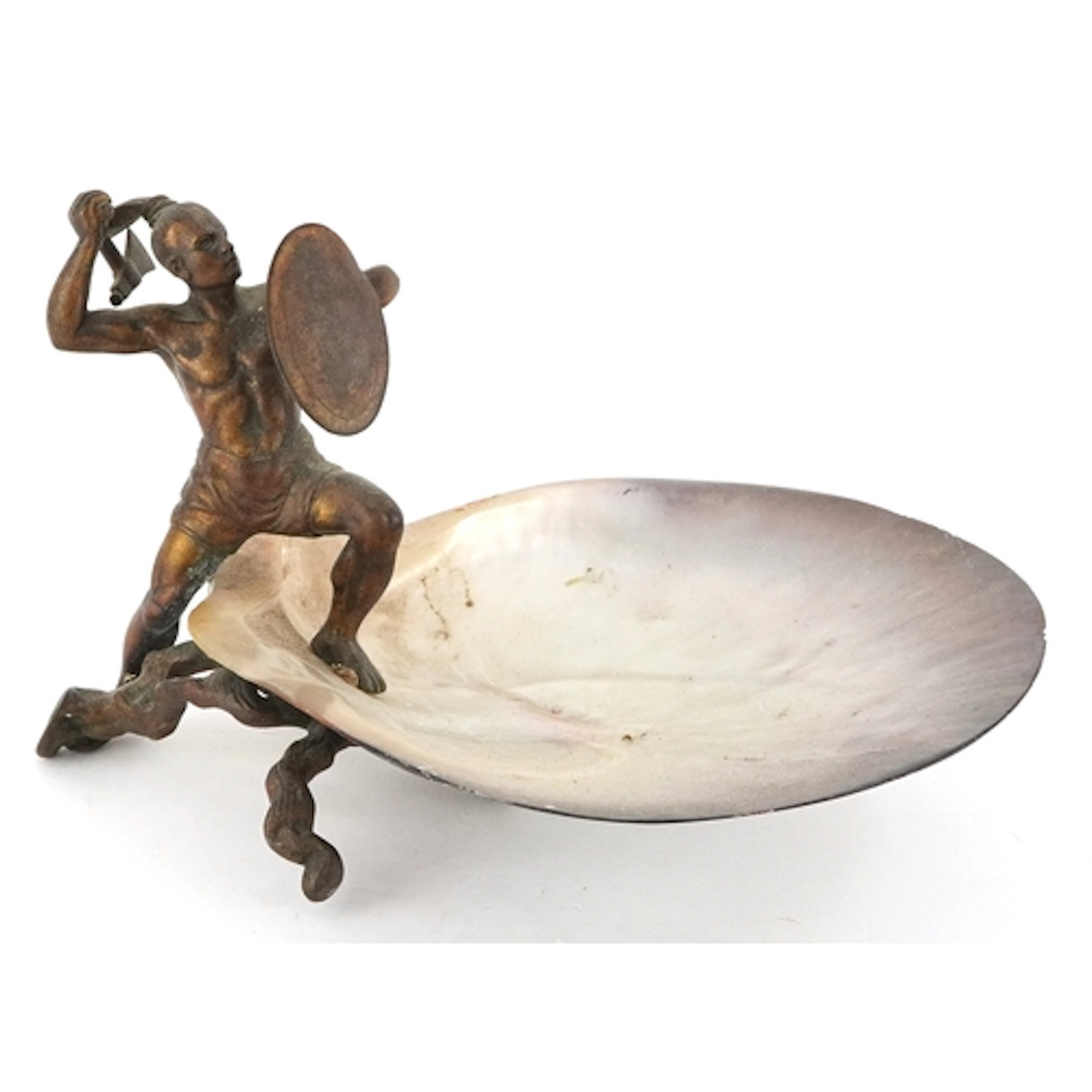 Tribal interest bronzed and mother of pearl dish mounted wit...