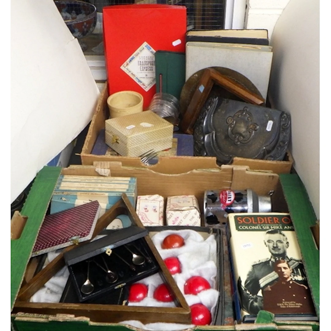 Two boxes of misc collectables to inc books, later cutlery, ...