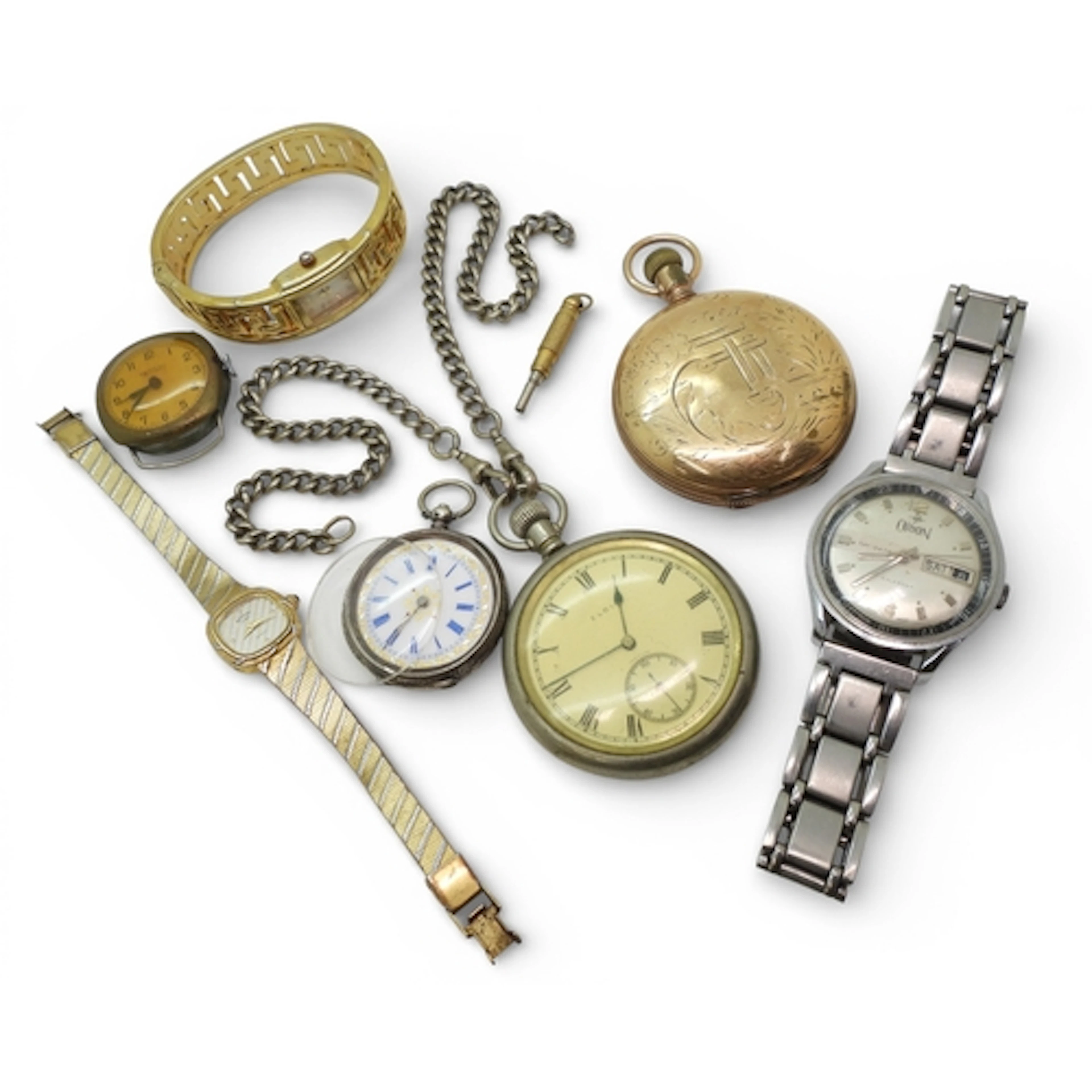 A gold plated American Waltham pocket watch, a white base me...