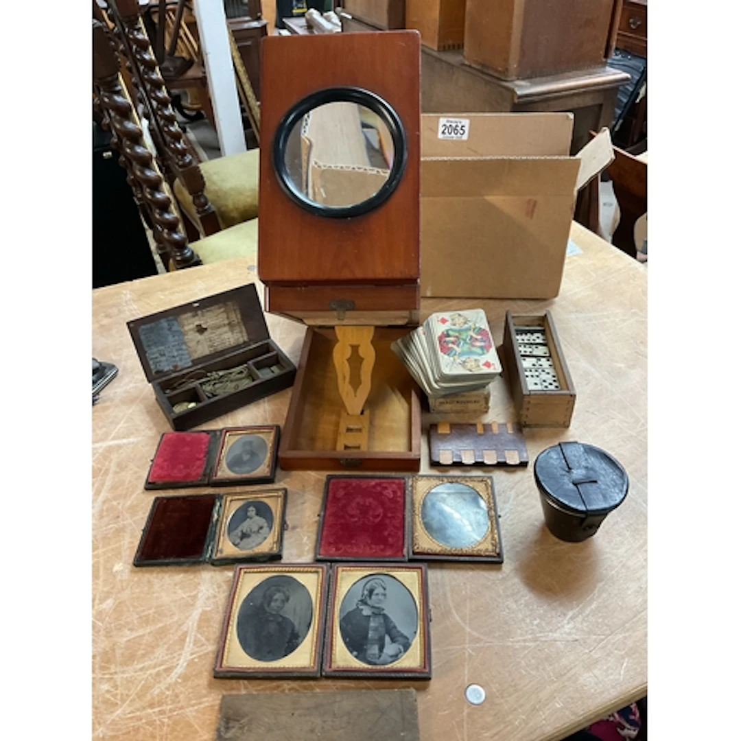 Edwardian viewer, scales, Daguerreotypes, Bezique counter, c...