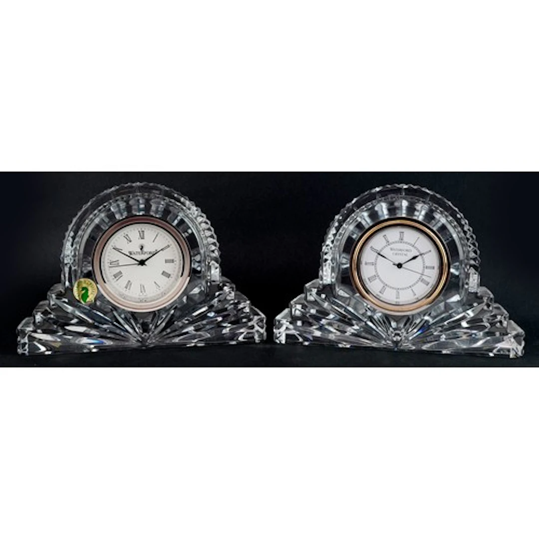 Two Waterford Crystal cottage desk clocks, each 12.5cm high ...
