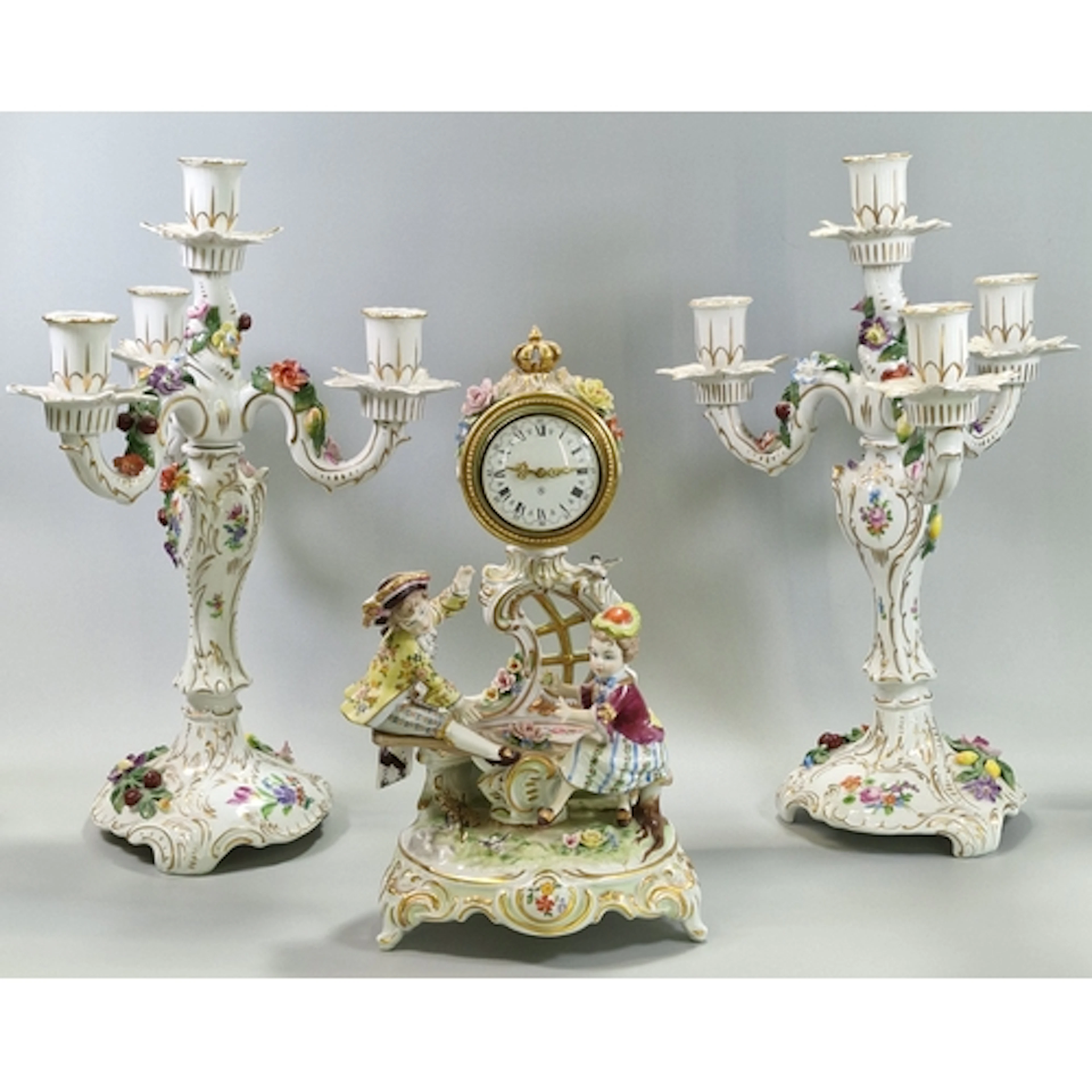 German Reine Handarbeit porcelain figural encrusted mantel c...