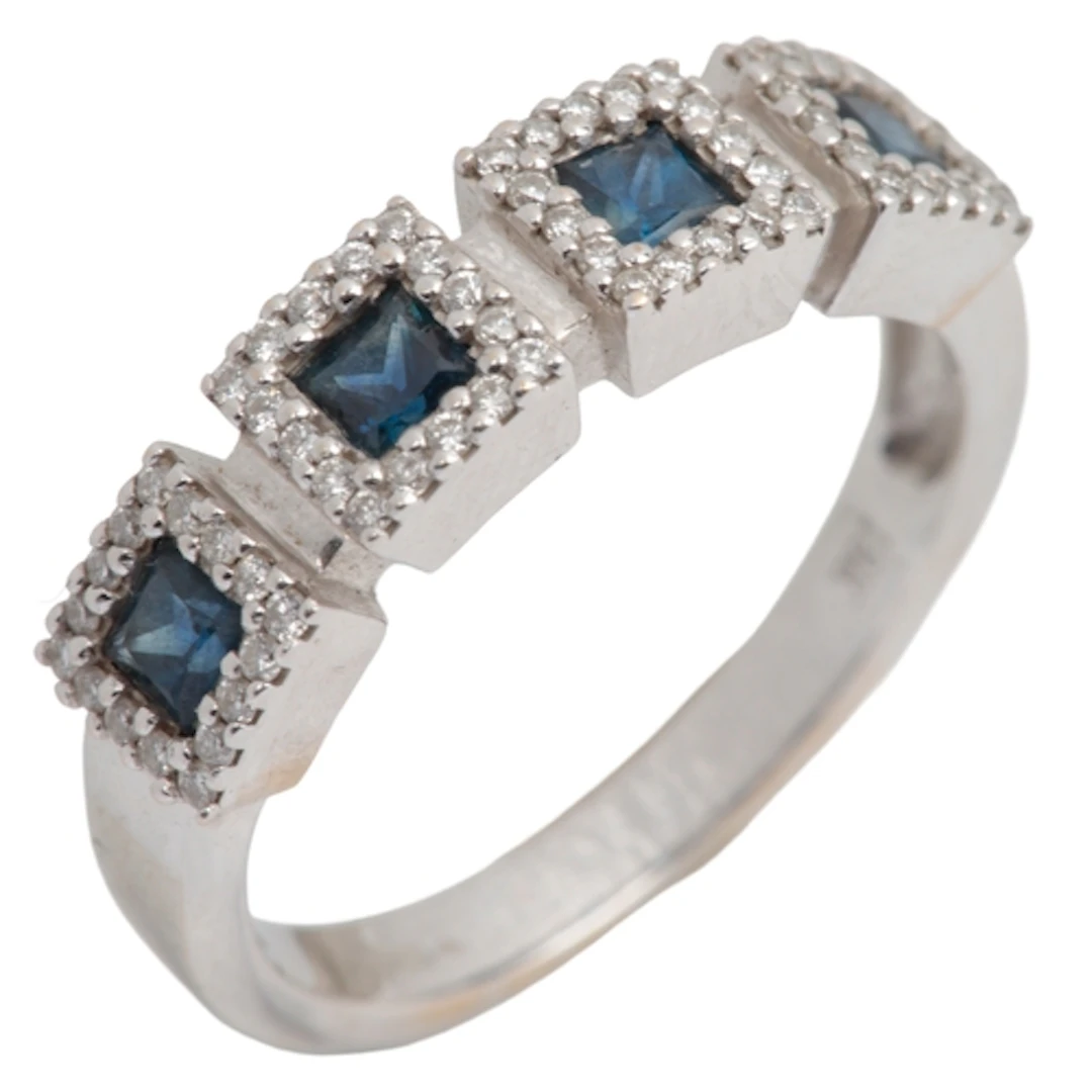 A sapphire and diamond ring, designed as a line of four squa...