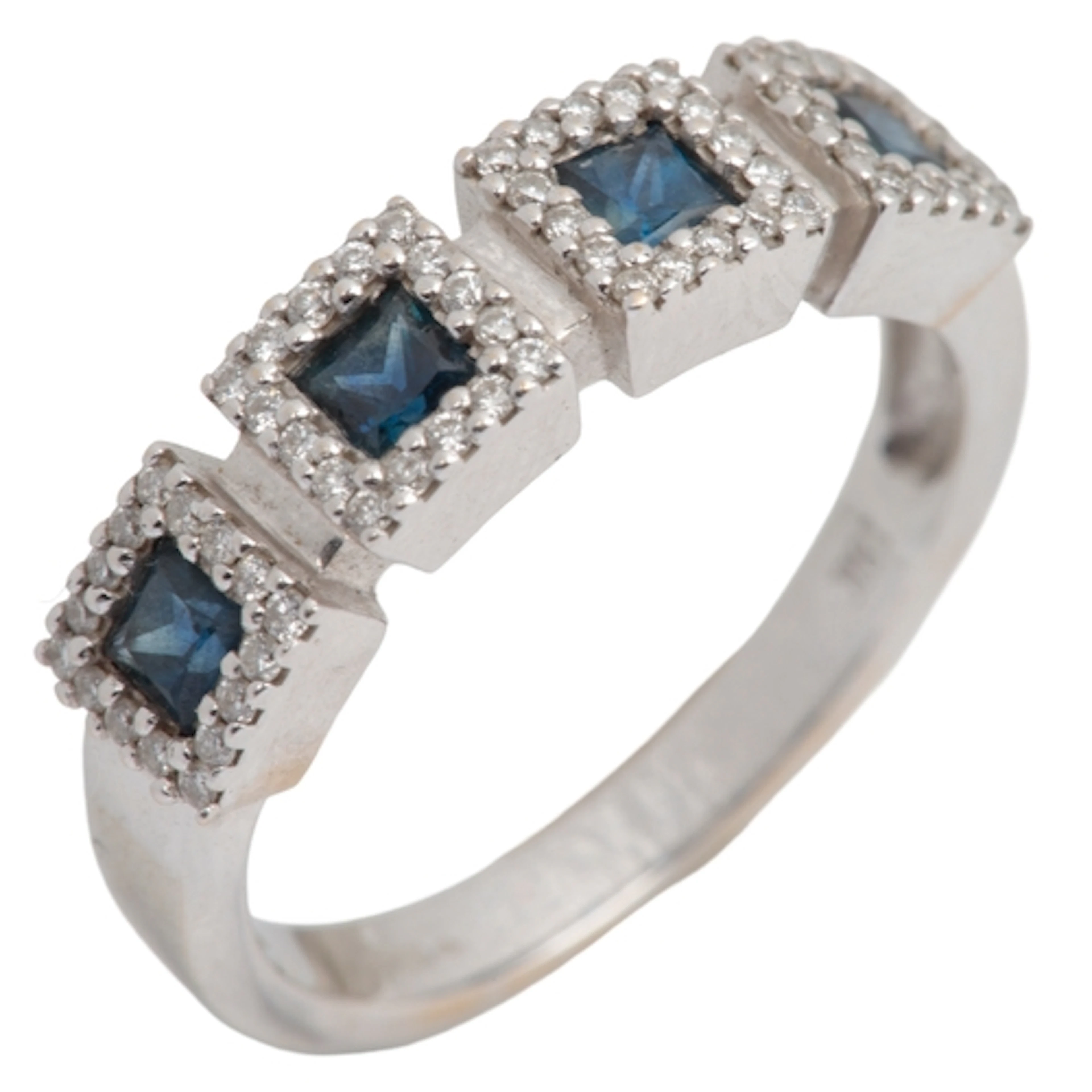 A sapphire and diamond ring, designed as a line of four squa...