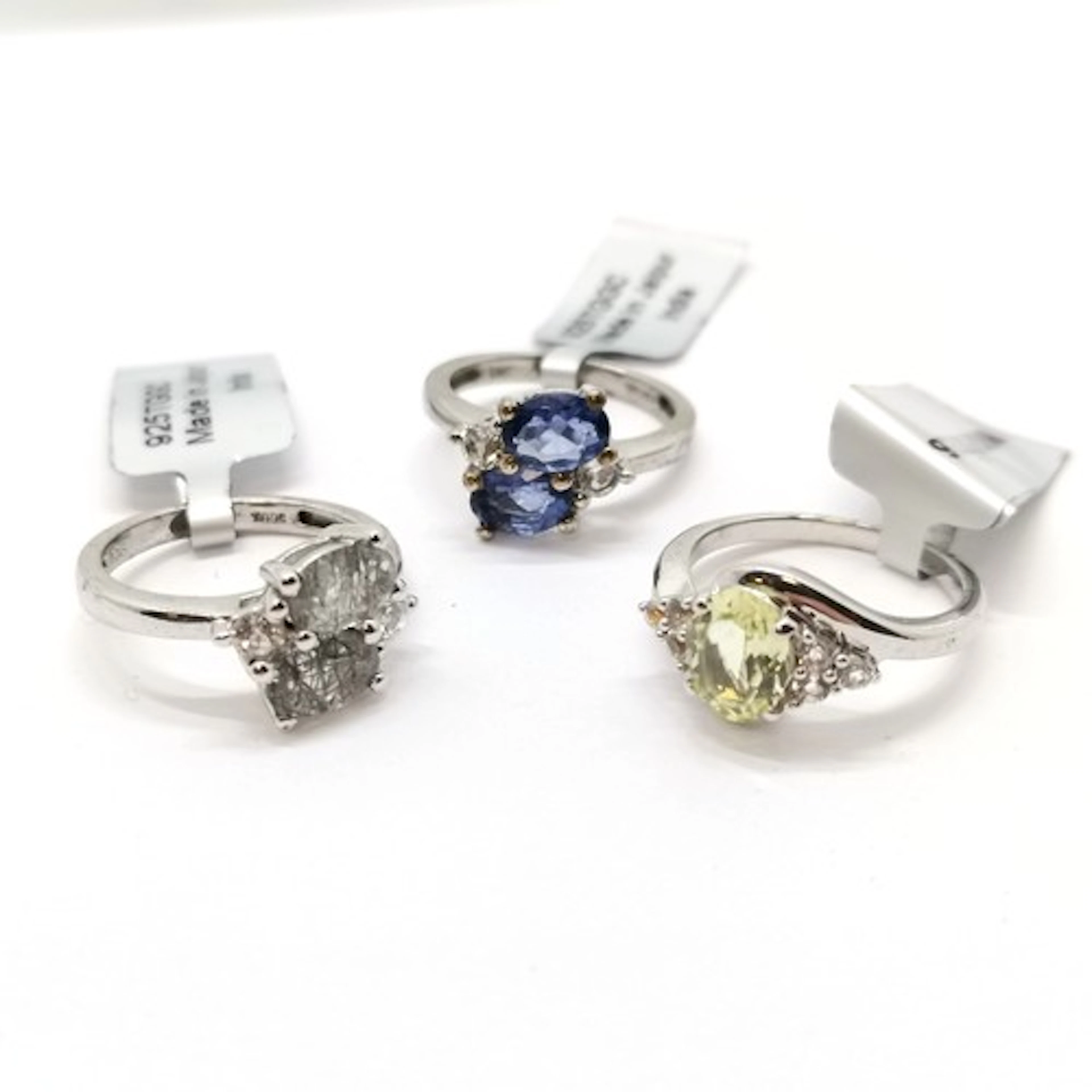 3 x silver gemstone set rings - Tourmalinated quartz and whi...