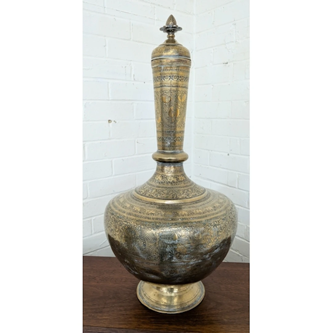 Large Indo-Persian brass bottle vase and cover, 27" high