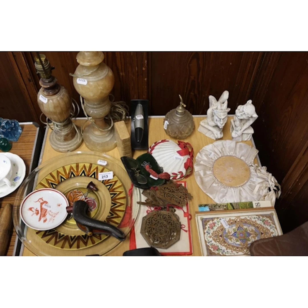 Onyx lamp bases, a pipe in case, pressed flowers, grotesque ...