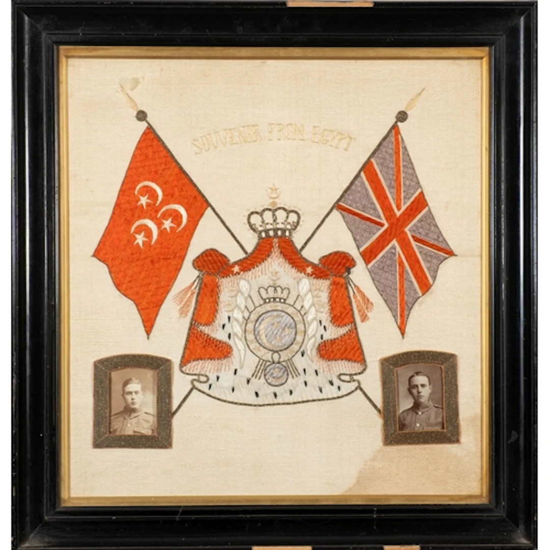 A WWI silkwork 'Souvenir From Egypt', with two photographs ...