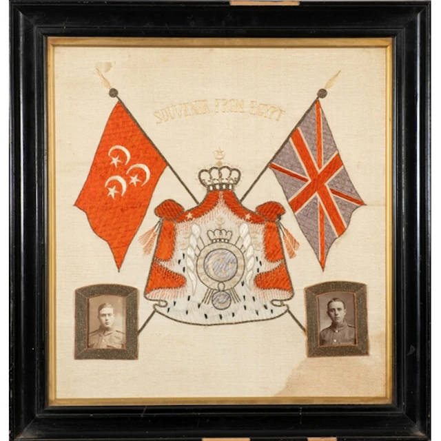 A WWI silkwork 'Souvenir From Egypt', with two photographs ...
