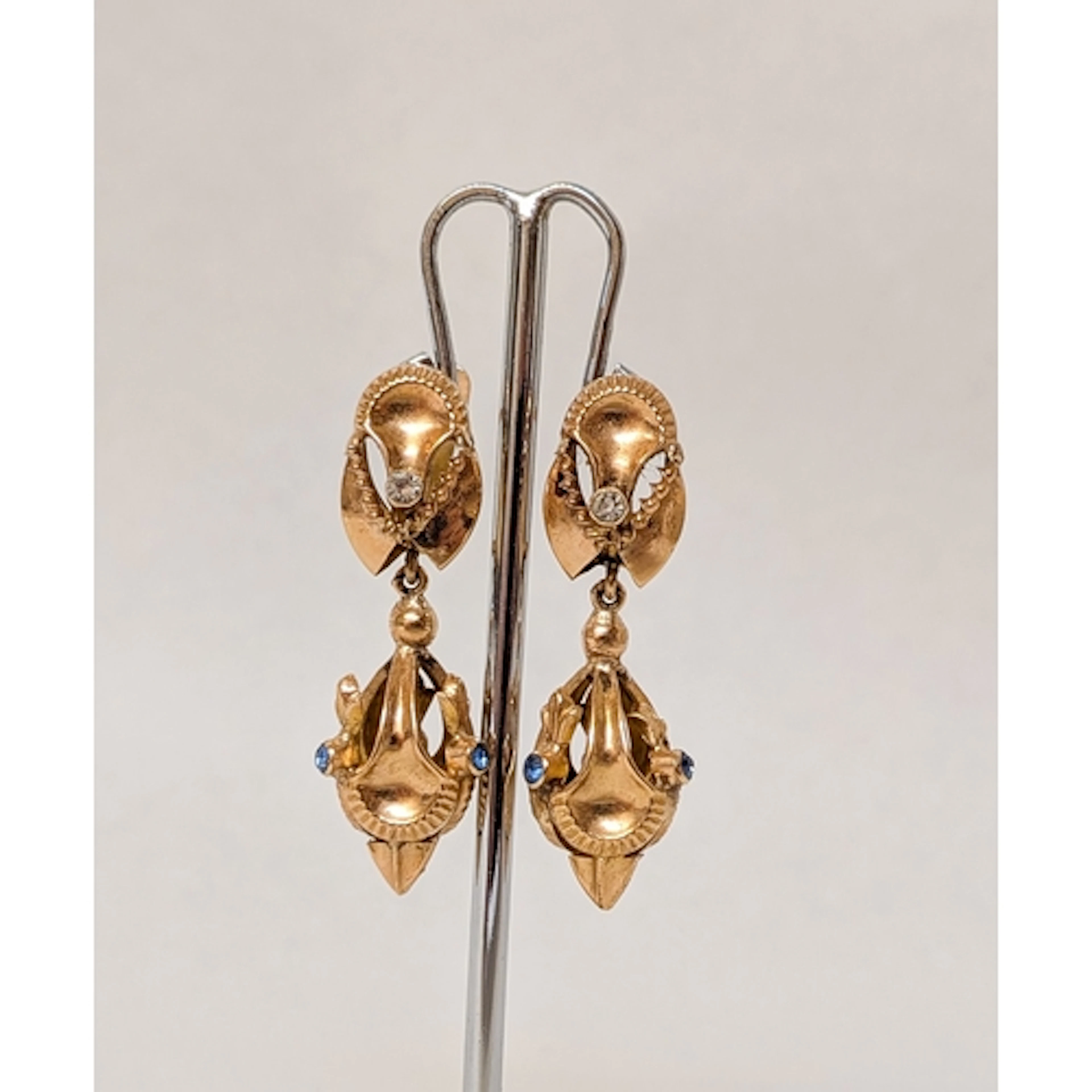 A pair of Eastern high carat yellow gold drop earrings set b...