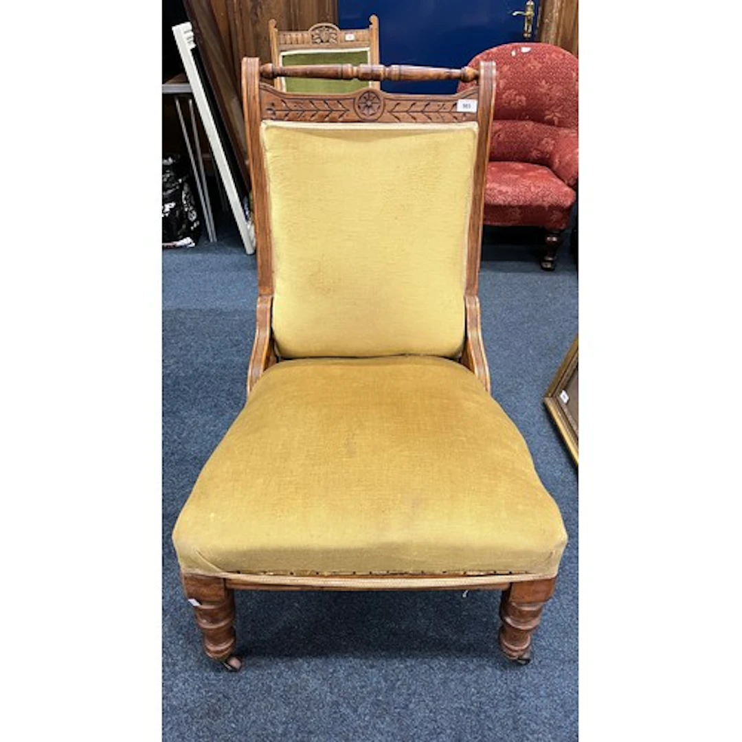 Antique carved mahogany framed ladies parlour chair, upholst...