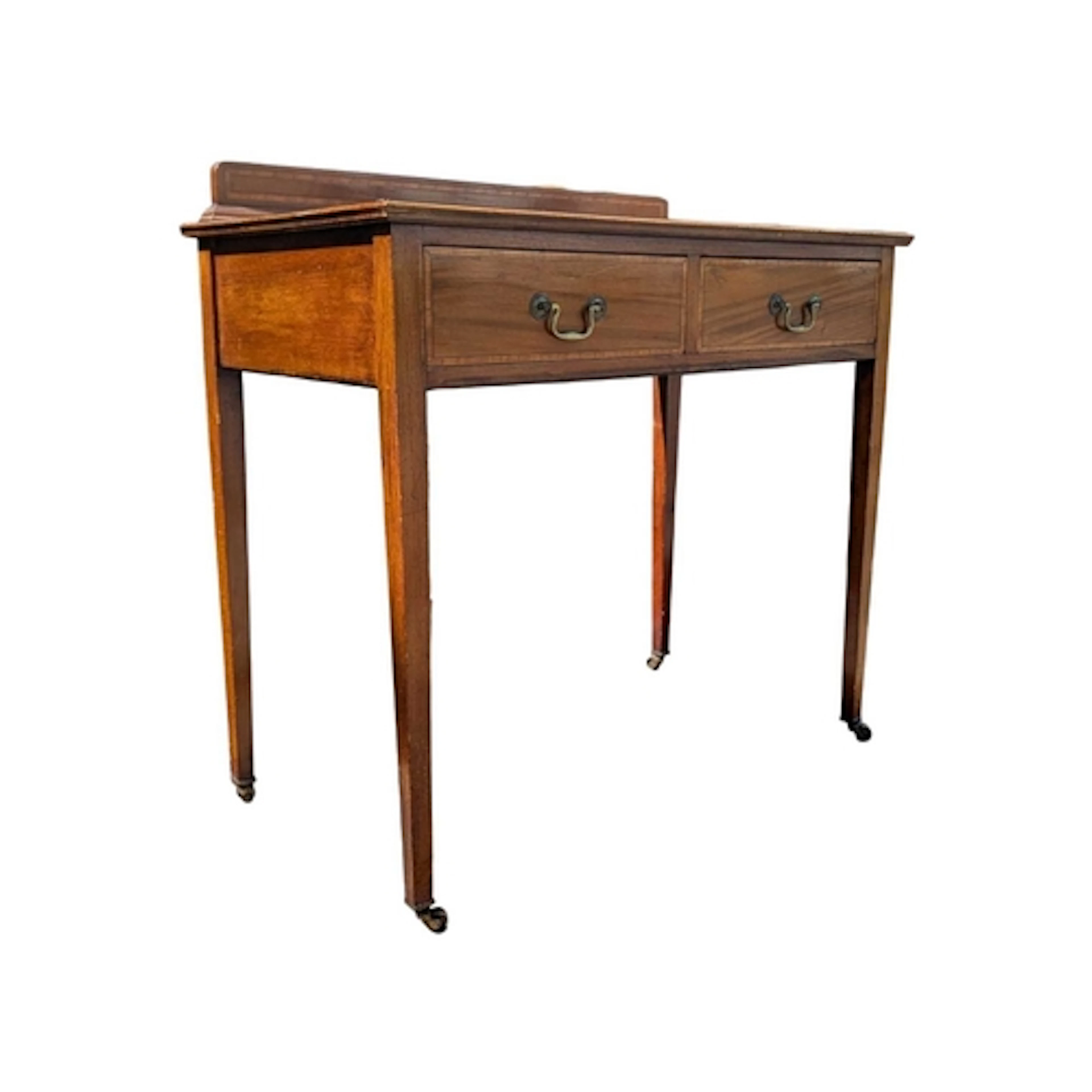 An Edwardian mahogany line inlaid writing table desk. Raised...