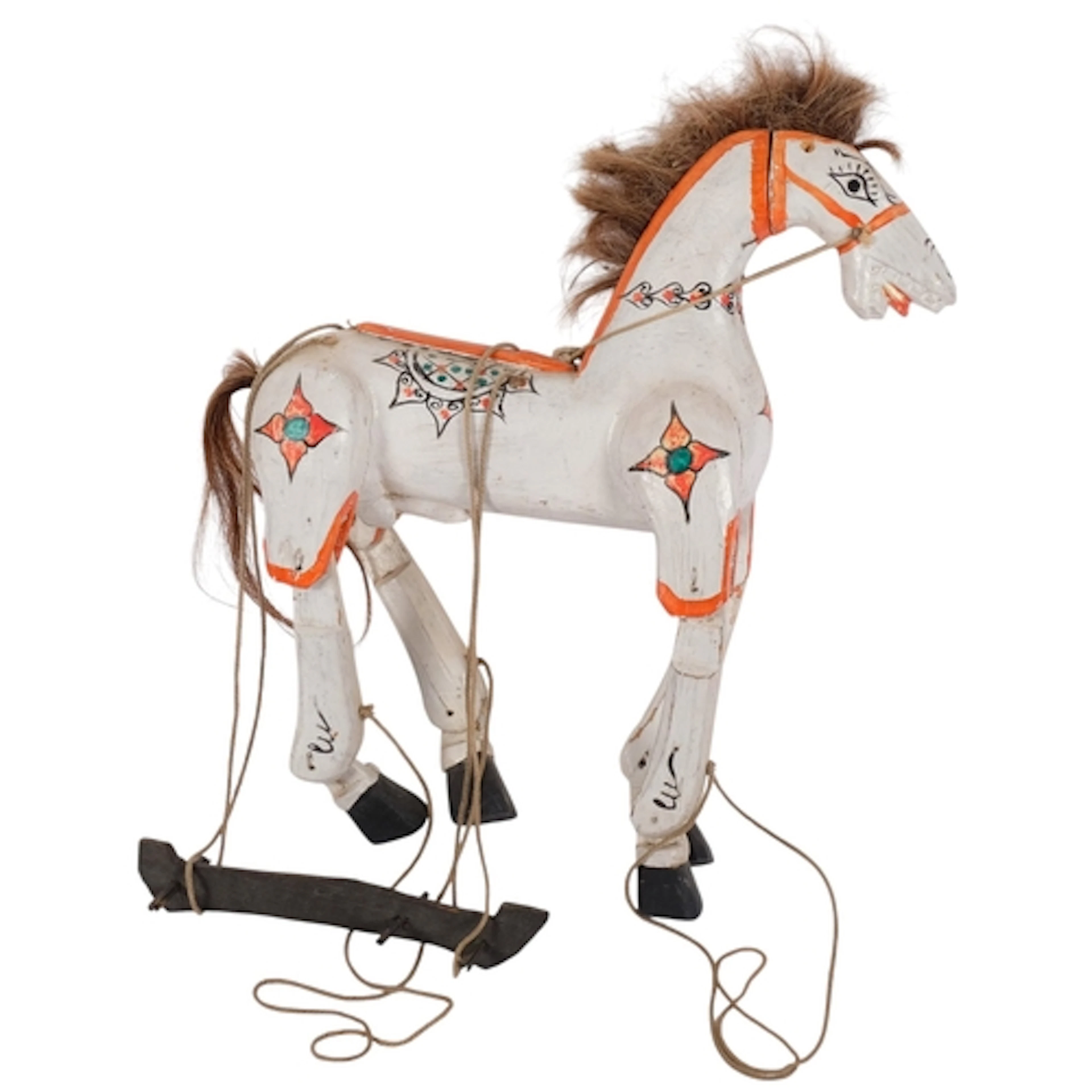 A carved and painted wood horse puppet "Muffin the Mule" H31...