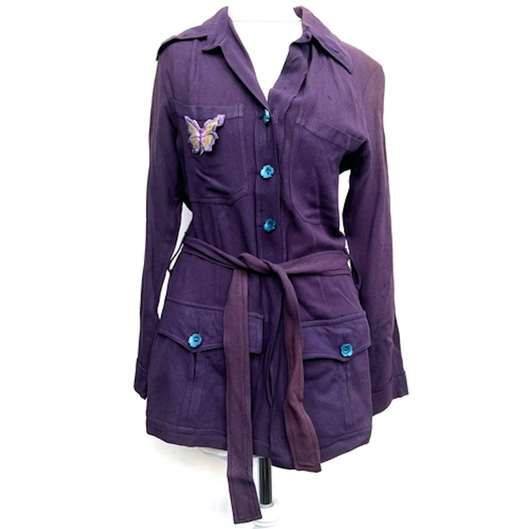An Ossie Clarke purple crepe top (moth), butterfly patch on ...