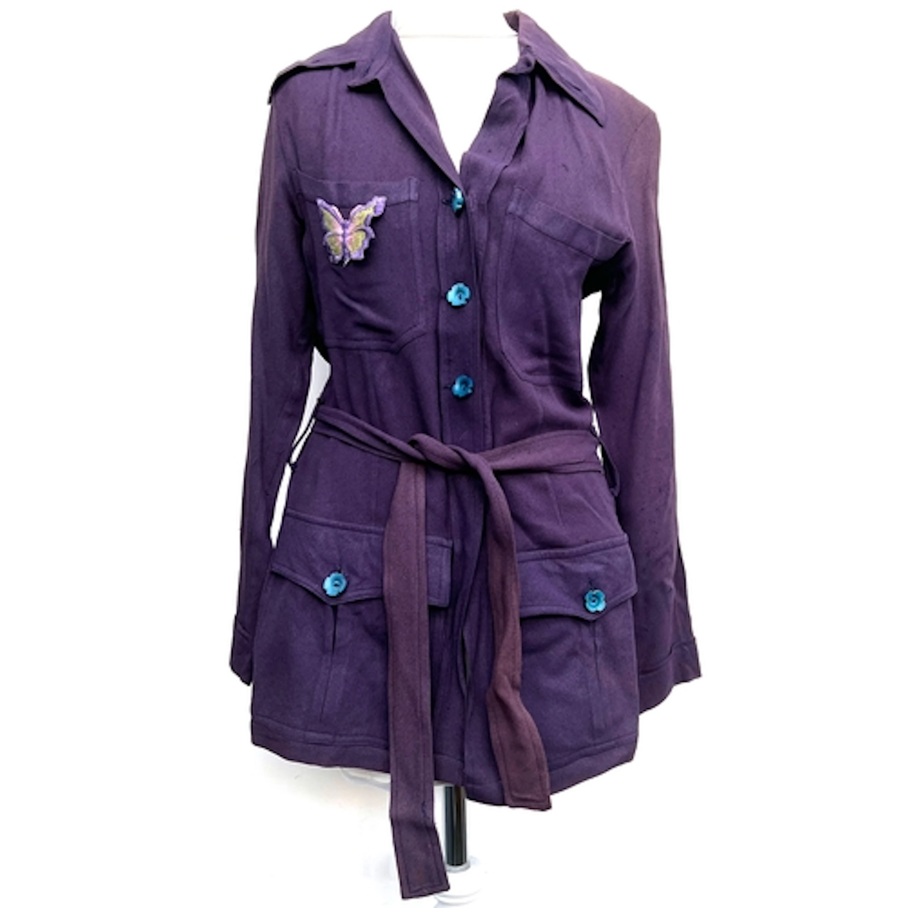 An Ossie Clarke purple crepe top (moth), butterfly patch on ...