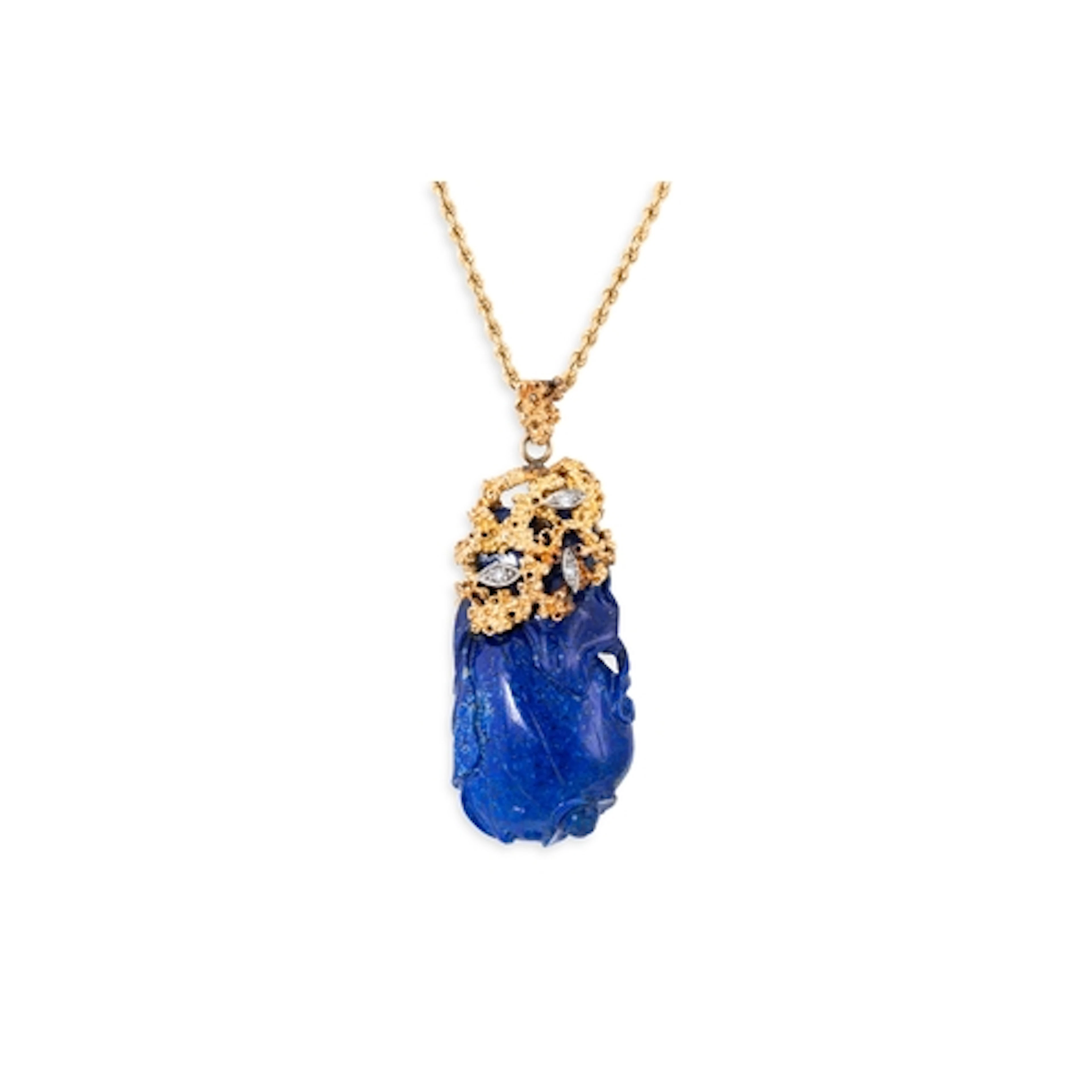 A VINTAGE ABSTRACT LAPIS LAZULI AND DIAMOND SET PENDANT, the...
