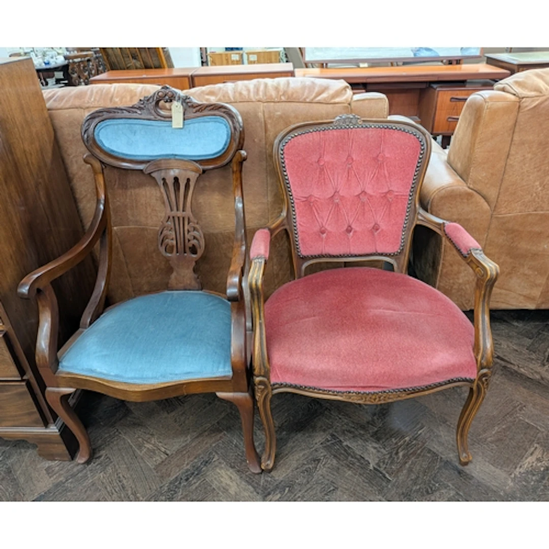 An Edwardian blue upholstered chair and a pink French style ...