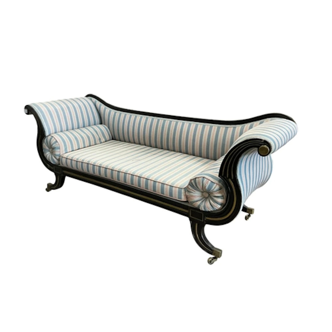 A Regency mahogany and brass scroll end sofa, width 216cm, d...