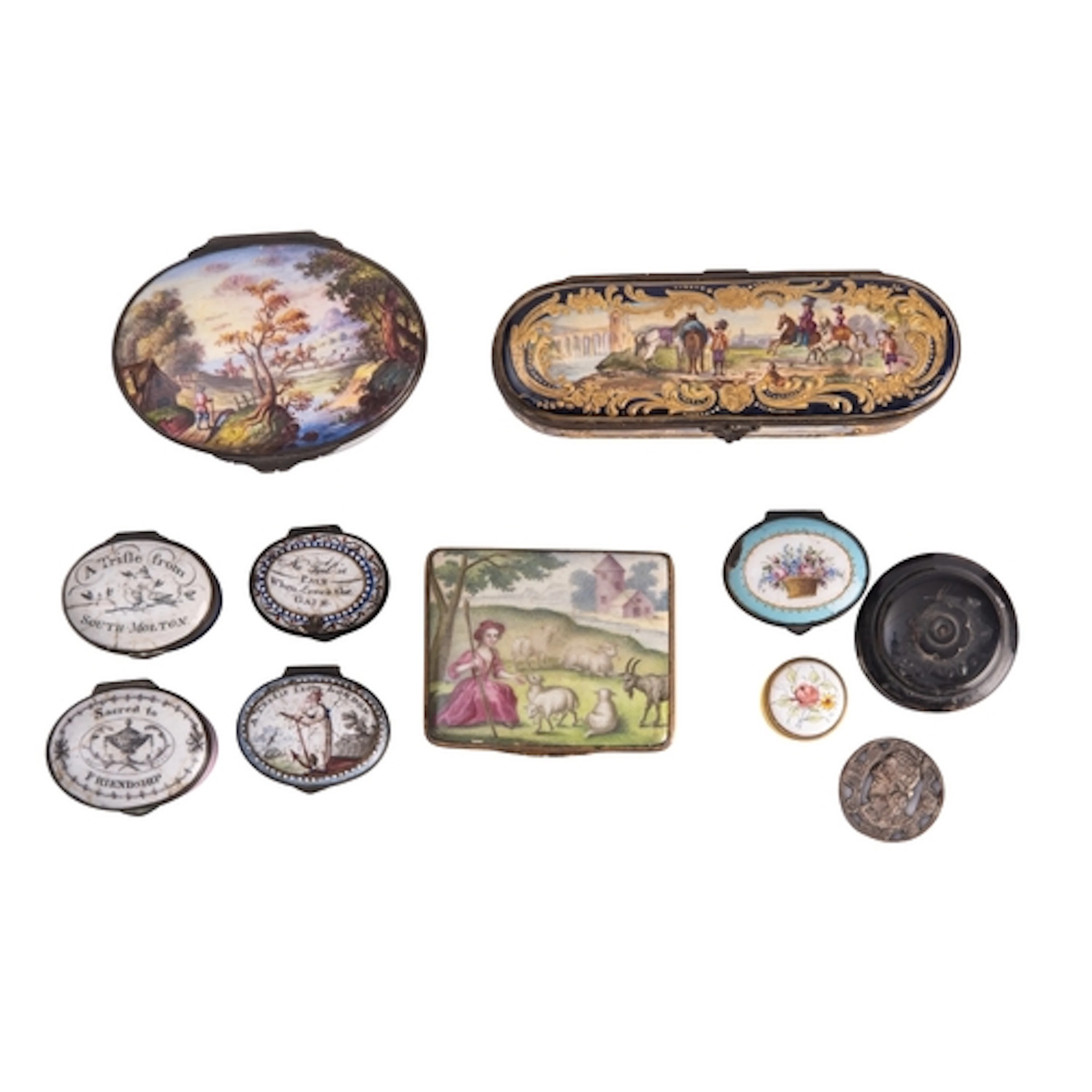 A collection of enamelled snuff and patch boxes, 18th, 19th ...
