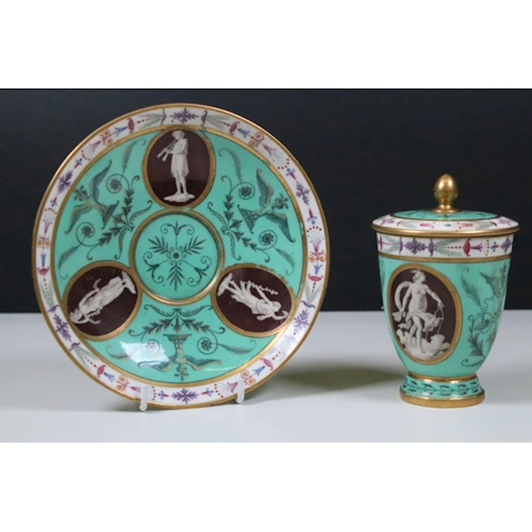 Sevres porcelain hot chocolate cup, cover and saucer, painte...