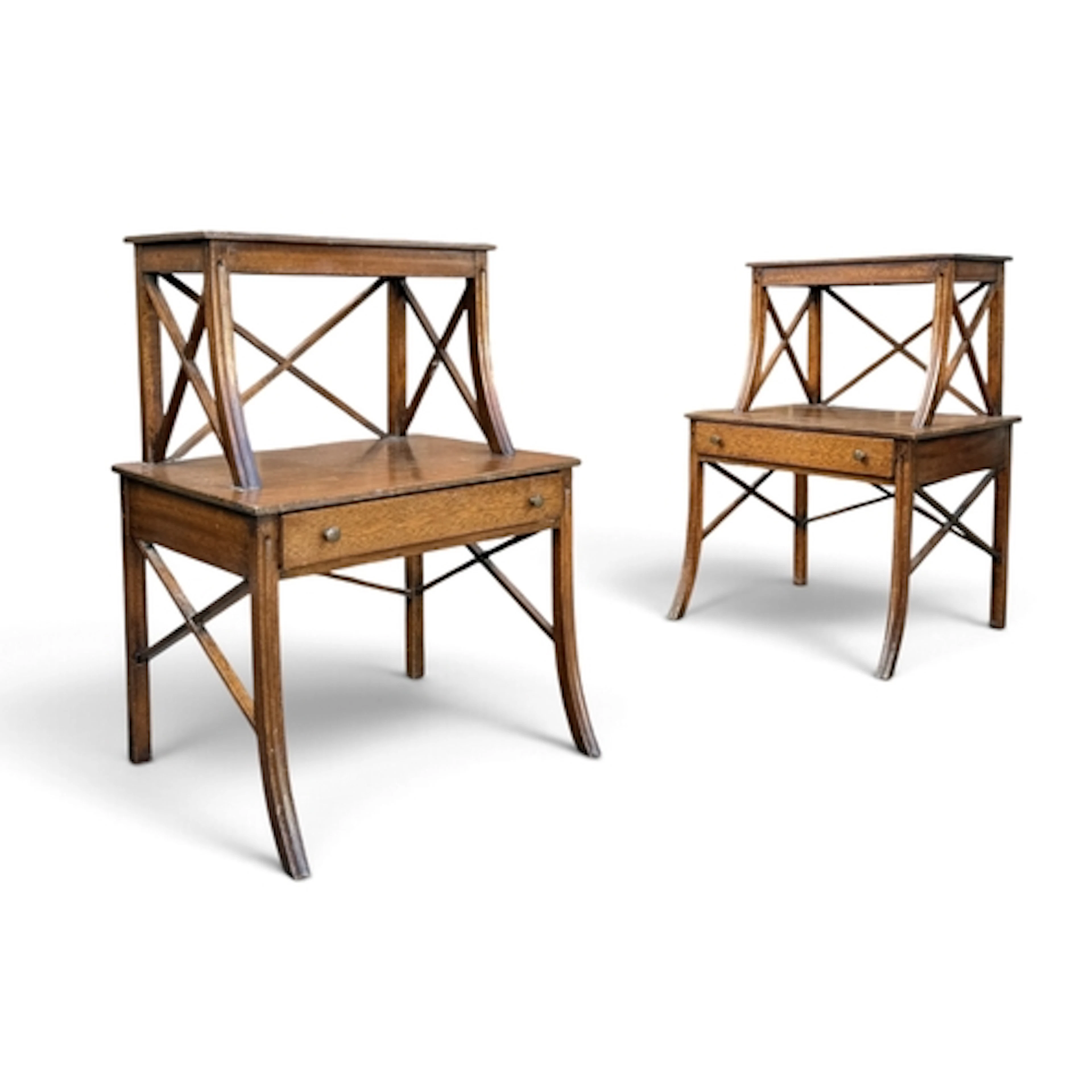 A PAIR OF REGENCY STYLE MAHOGANY 'X' FRAME TWO TIER SIDE TAB...
