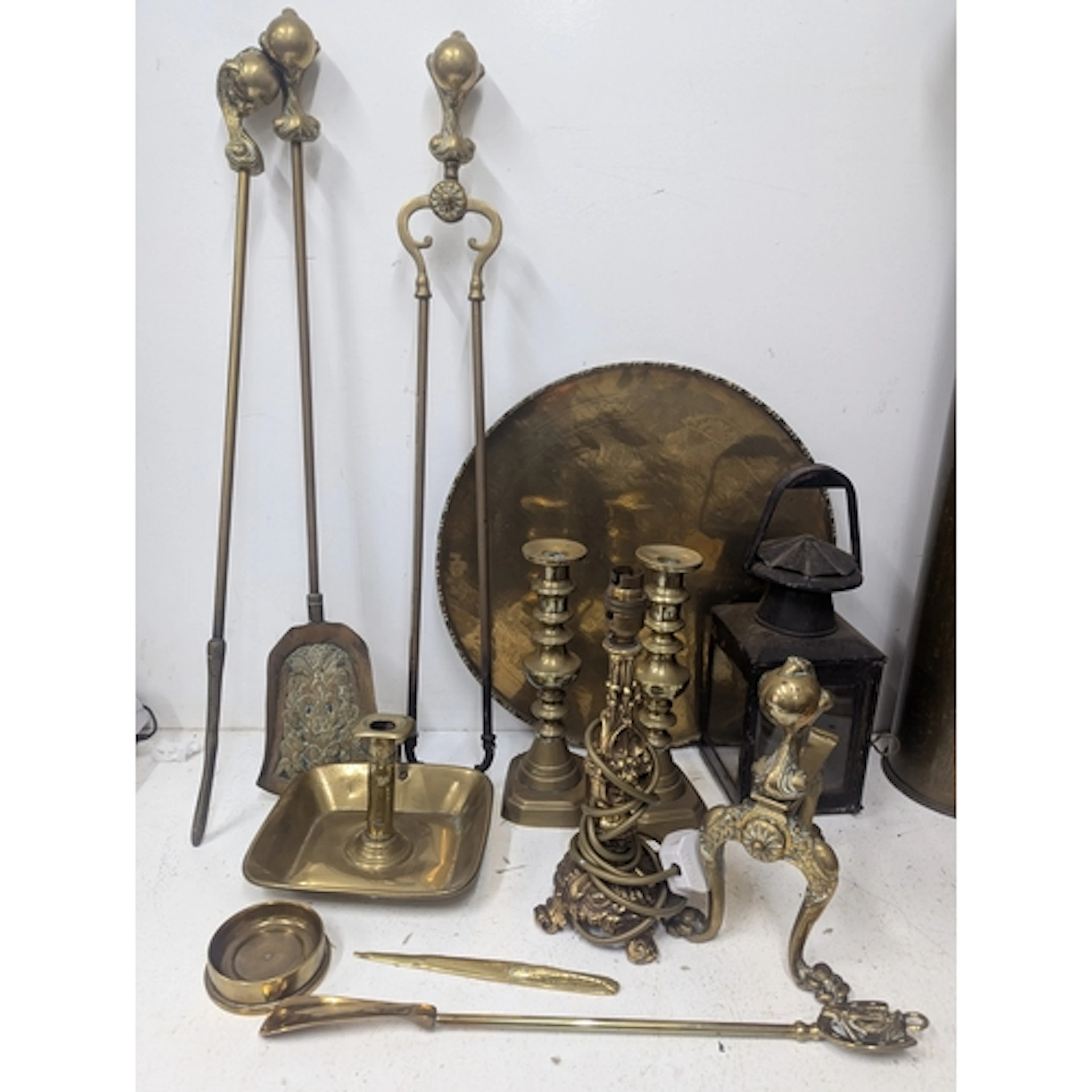 Metalware to include fire irons, a tray, a chamberstick, a t...