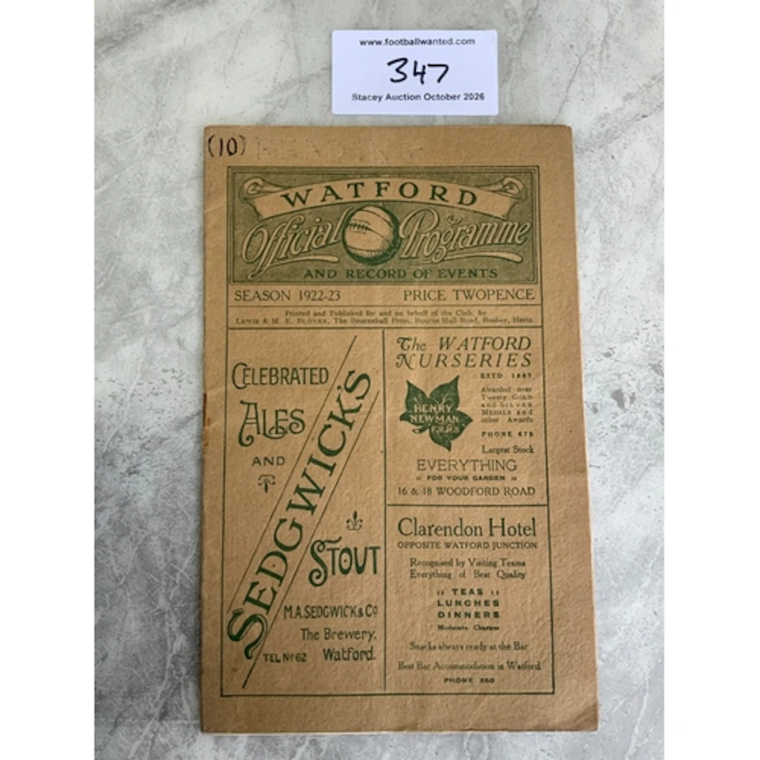 1922 - 1923 Watford v Reading Football Programme: Good condi...