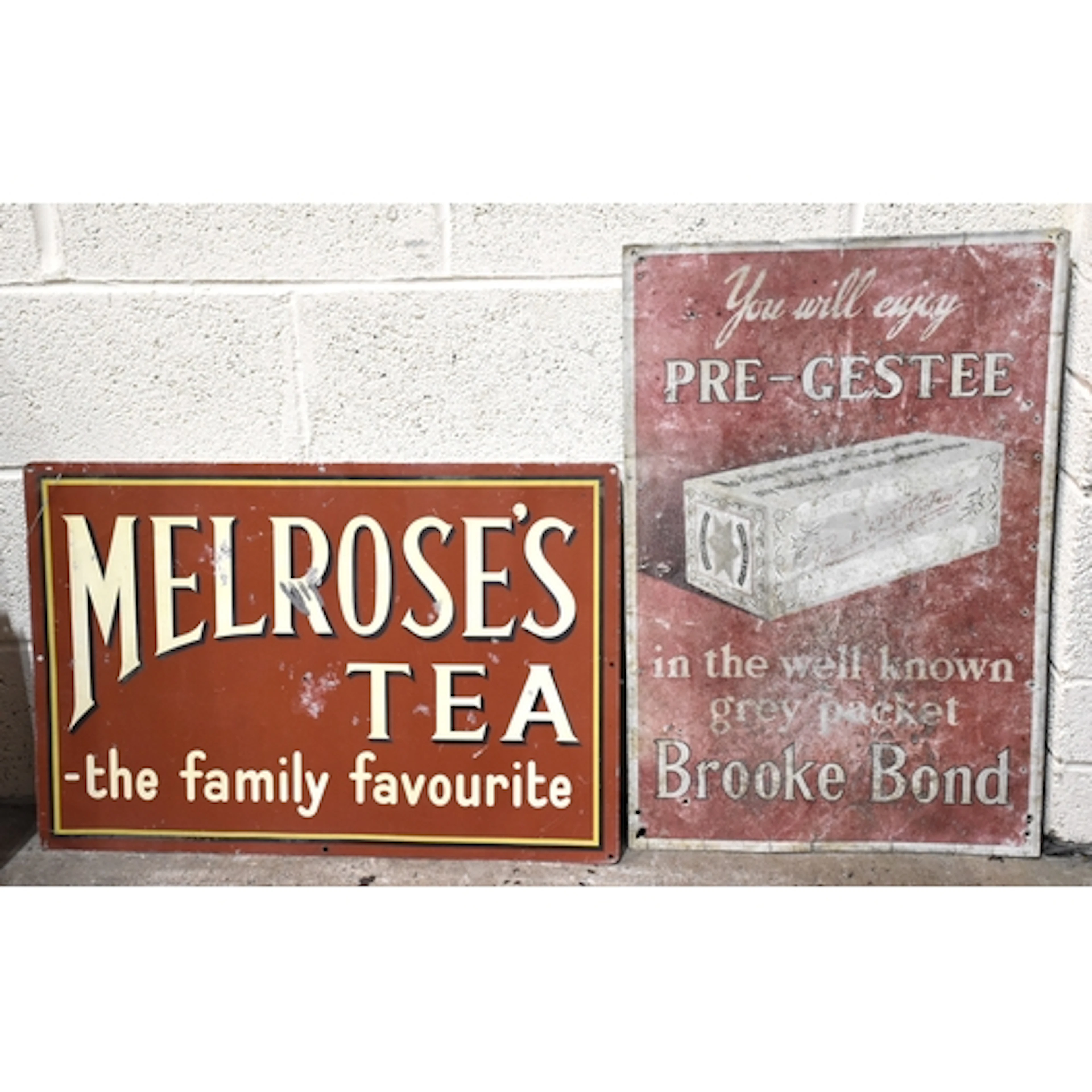Two aluminium advertising signs: "You Will Enjoy Pre-Gestee,...