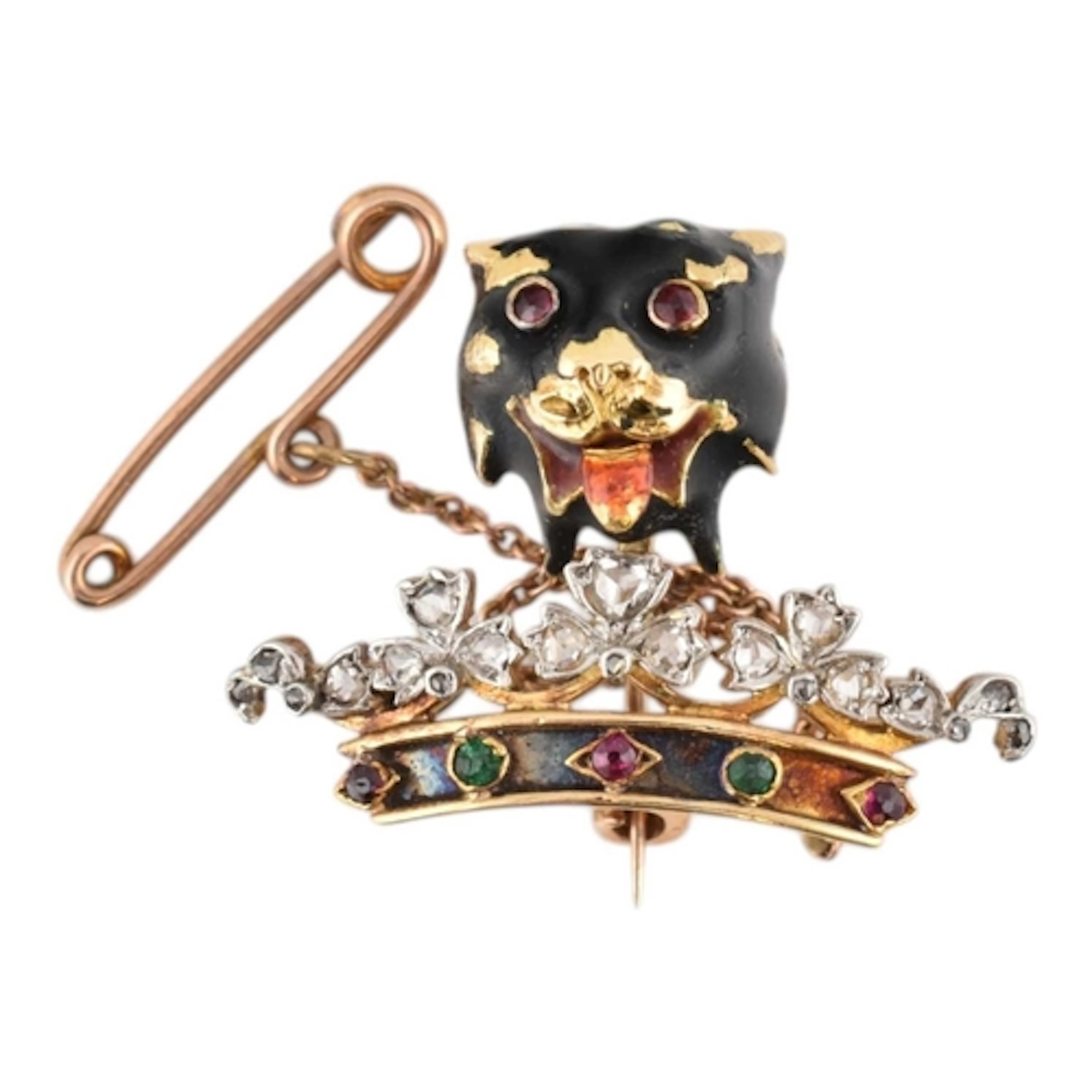 An early 20th-century gold, diamond, ruby and emerald brooch...