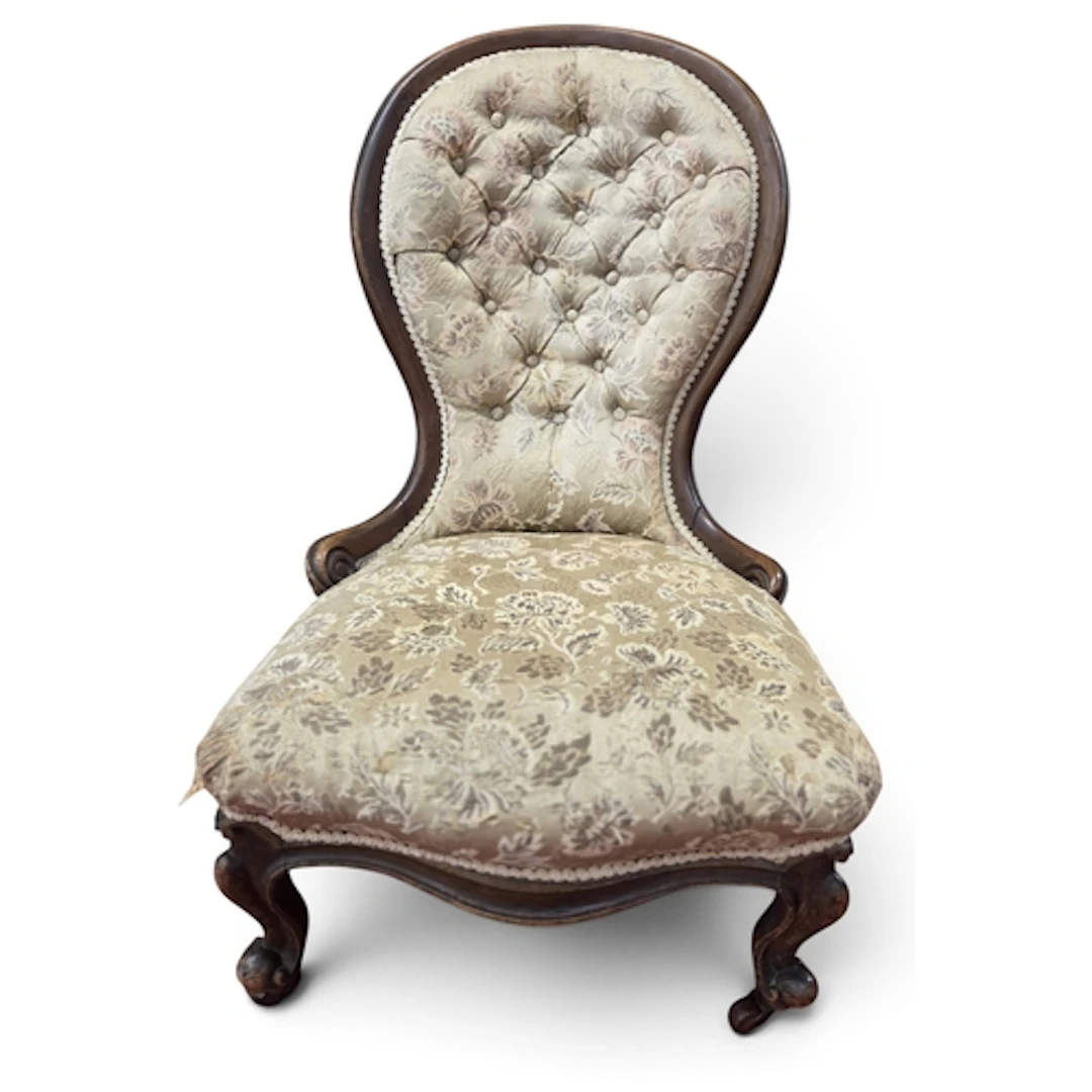 A Victorian Mahogany show frame salon Chair. W 59 x SH 33 x ...