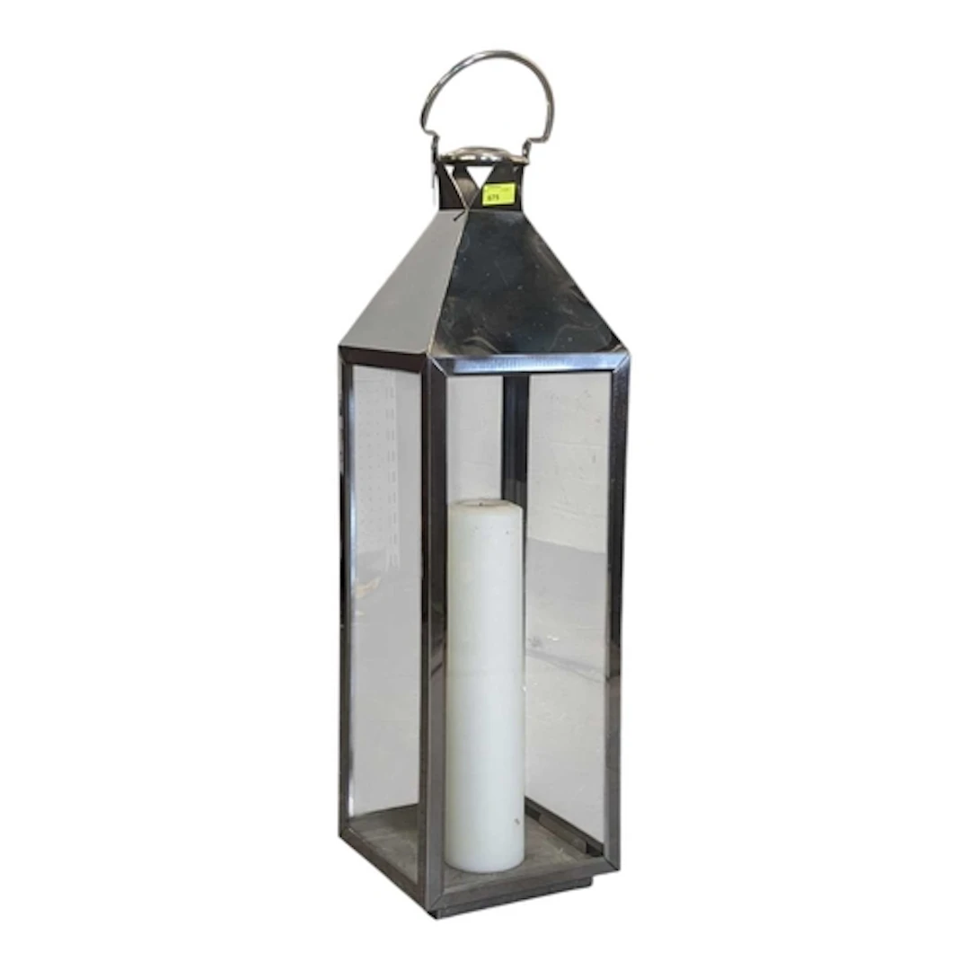 A contemporary silver metal candelabra / lantern. Having rin...