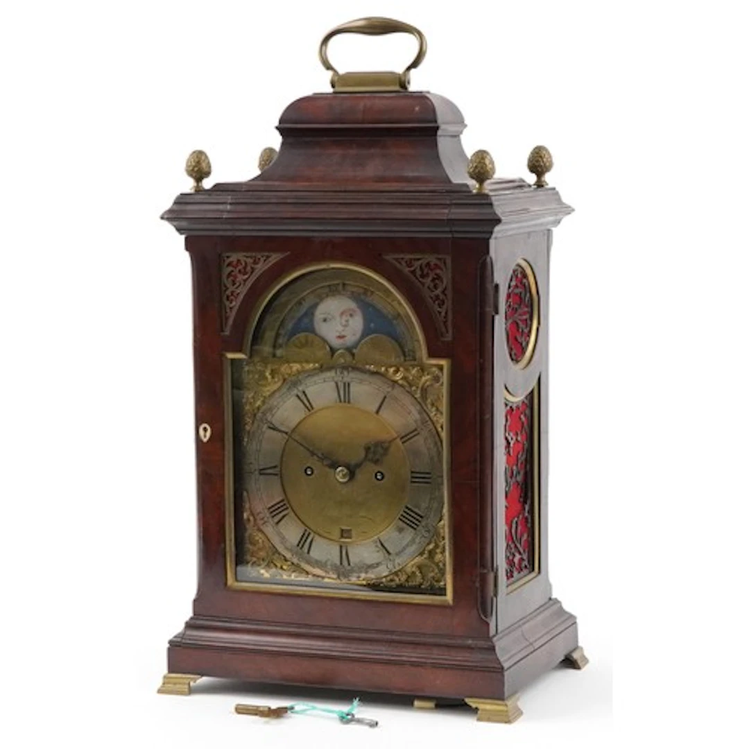 English mahogany bell top bracket clock with brass carrying ...