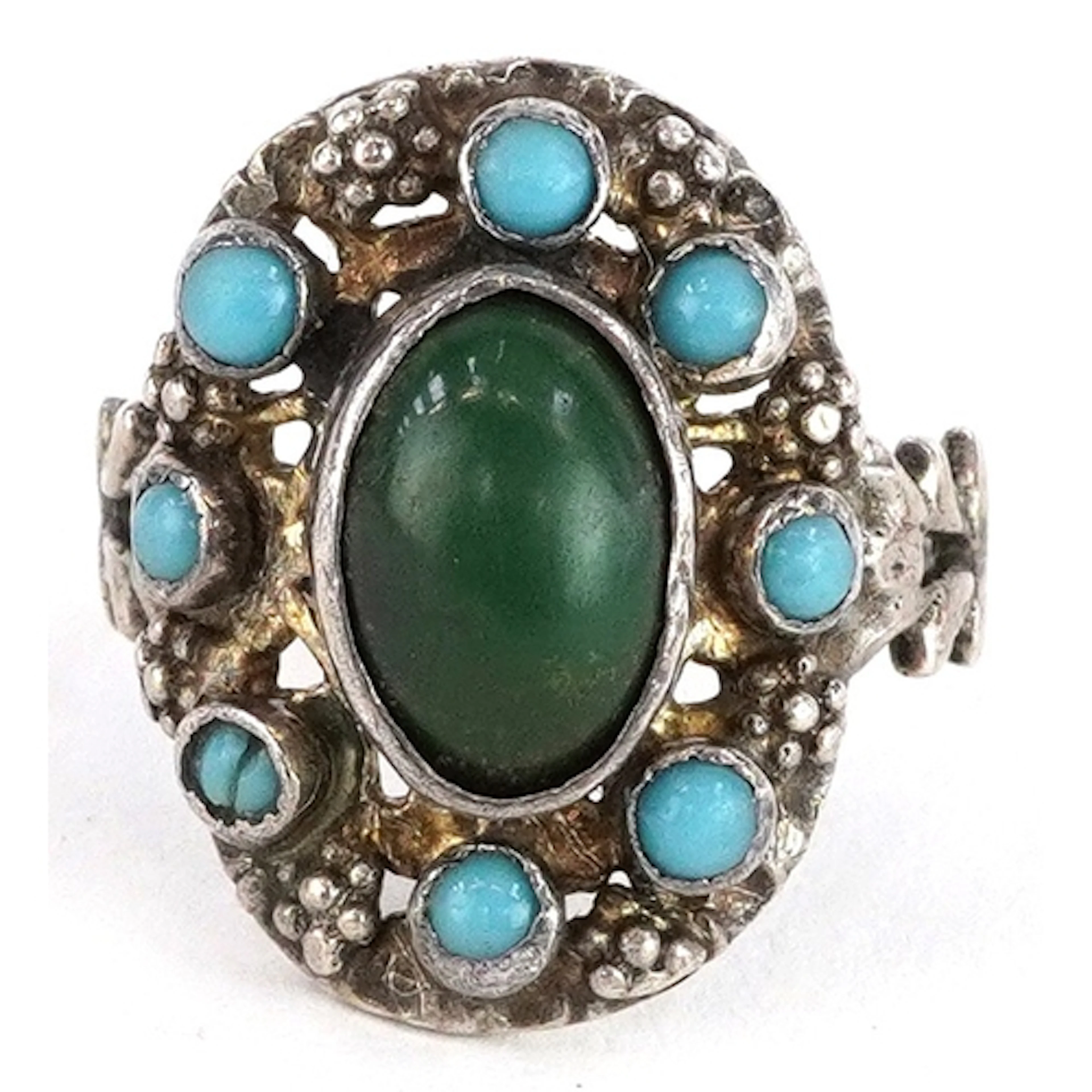 White metal turquoise and green stone ring, size M, 4.9g.