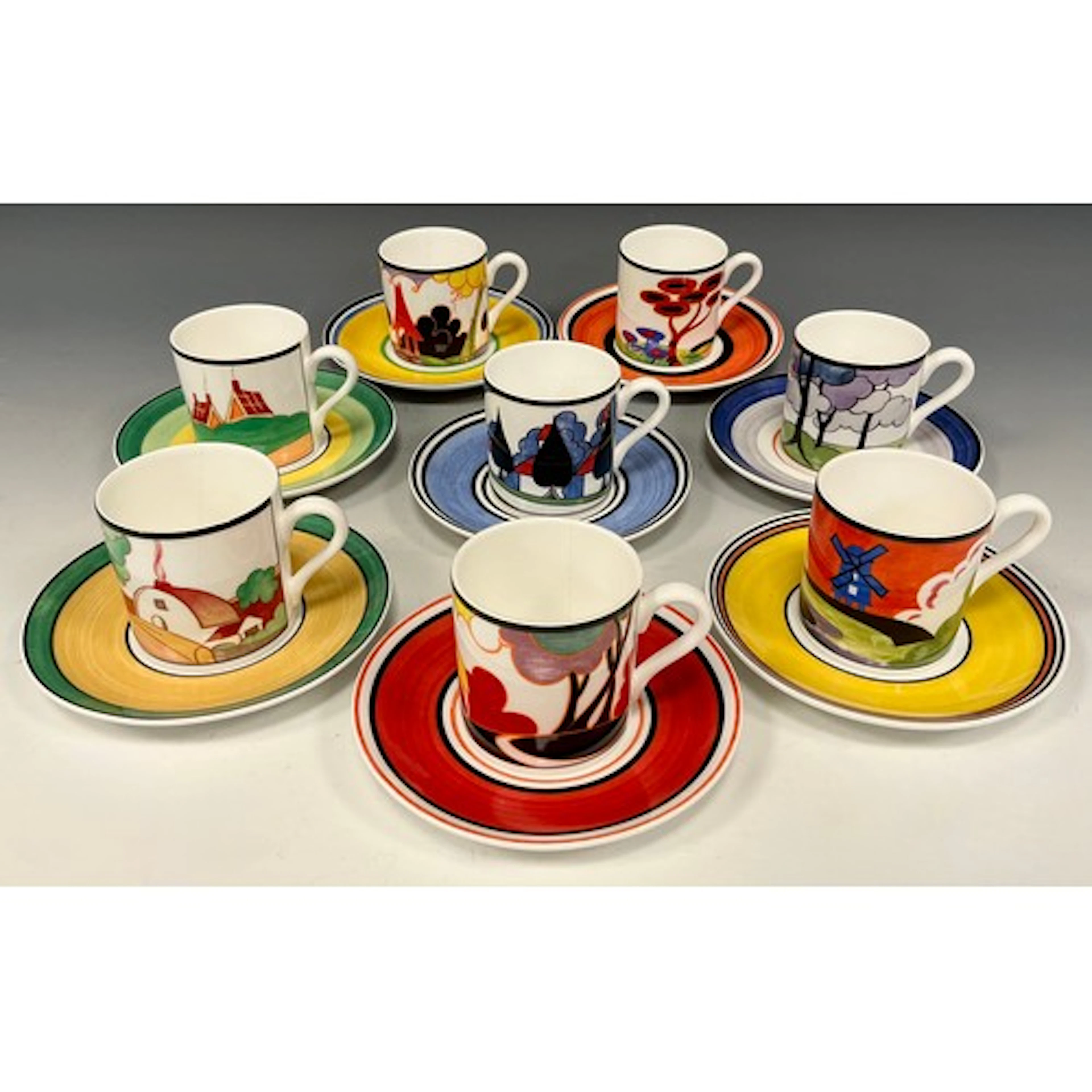 A collection of eight Wedgwood Clarice Cliff Cafe Chic coffe...