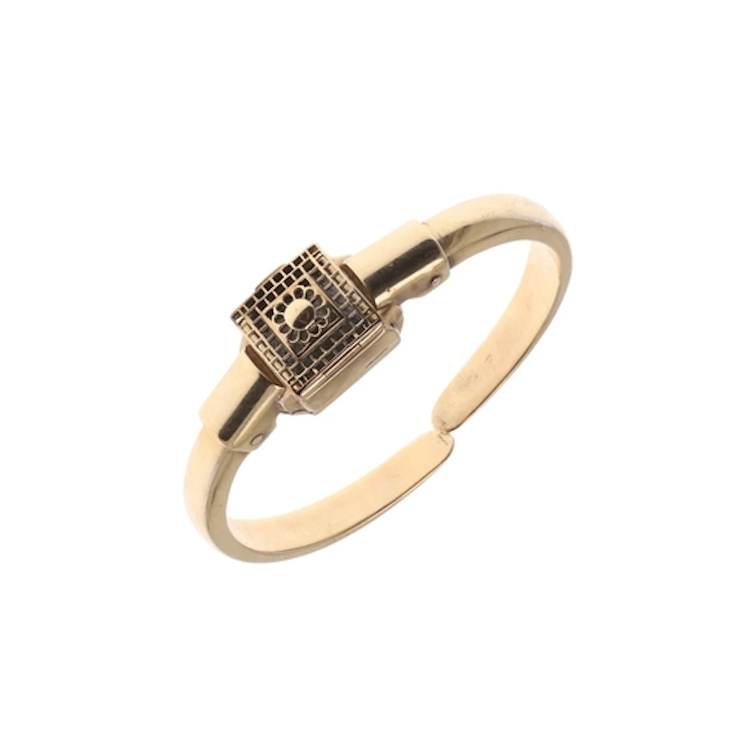 A 9CT GOLD WRISTWATCH/BANGLE. the square-shaped openwork gri...