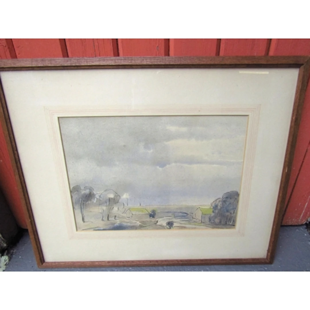 Antique Watercolour Countryside Scene with River Contained W...