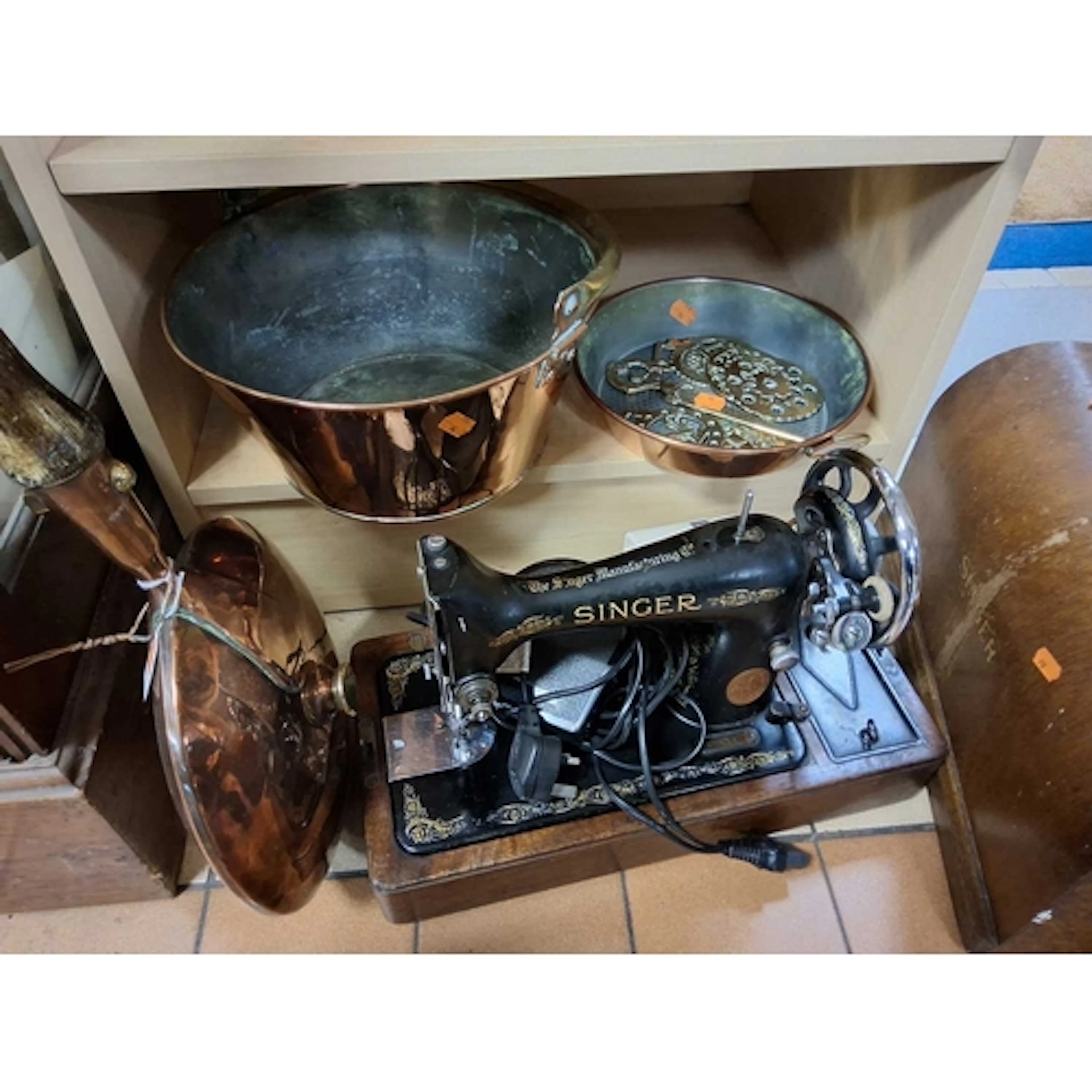 A GROUP OF COPPER AND BRASS ITEMS AND A SINGER SEWING MACHIN...
