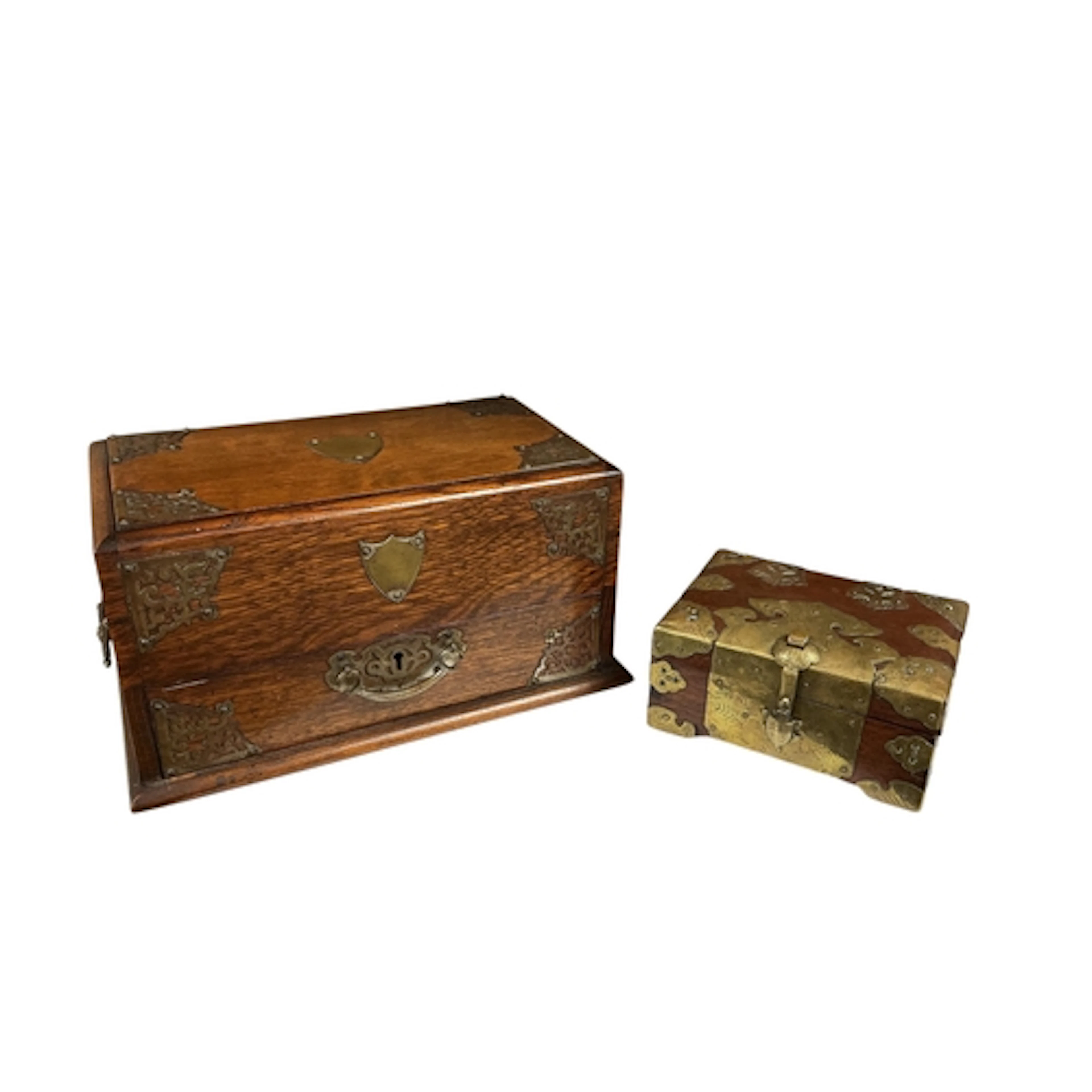 A Victorian brass mounted oak cigar and cigarette box width ...