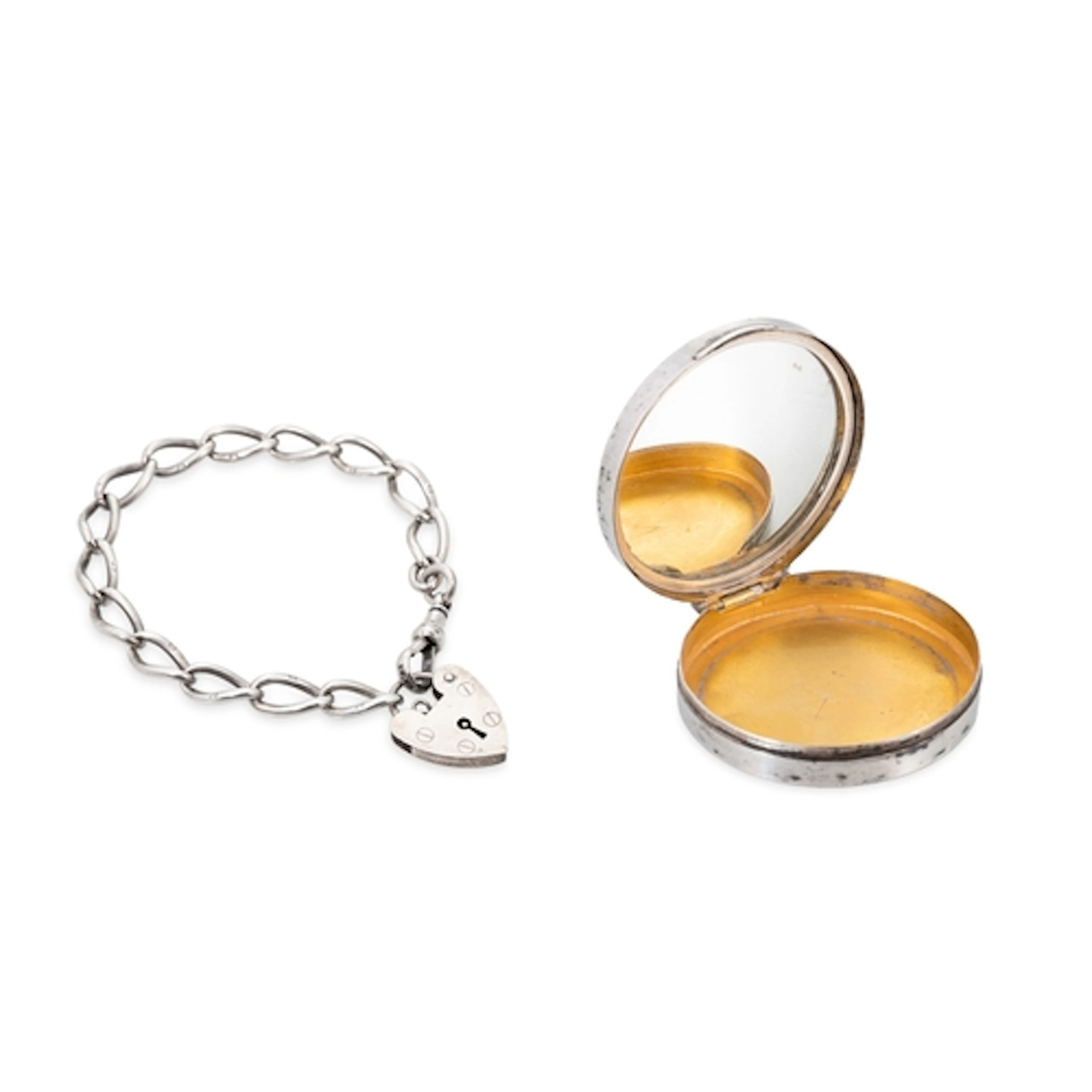 AN ANTIQUE SILVER BRACELET, with padlock clasp, together wit...