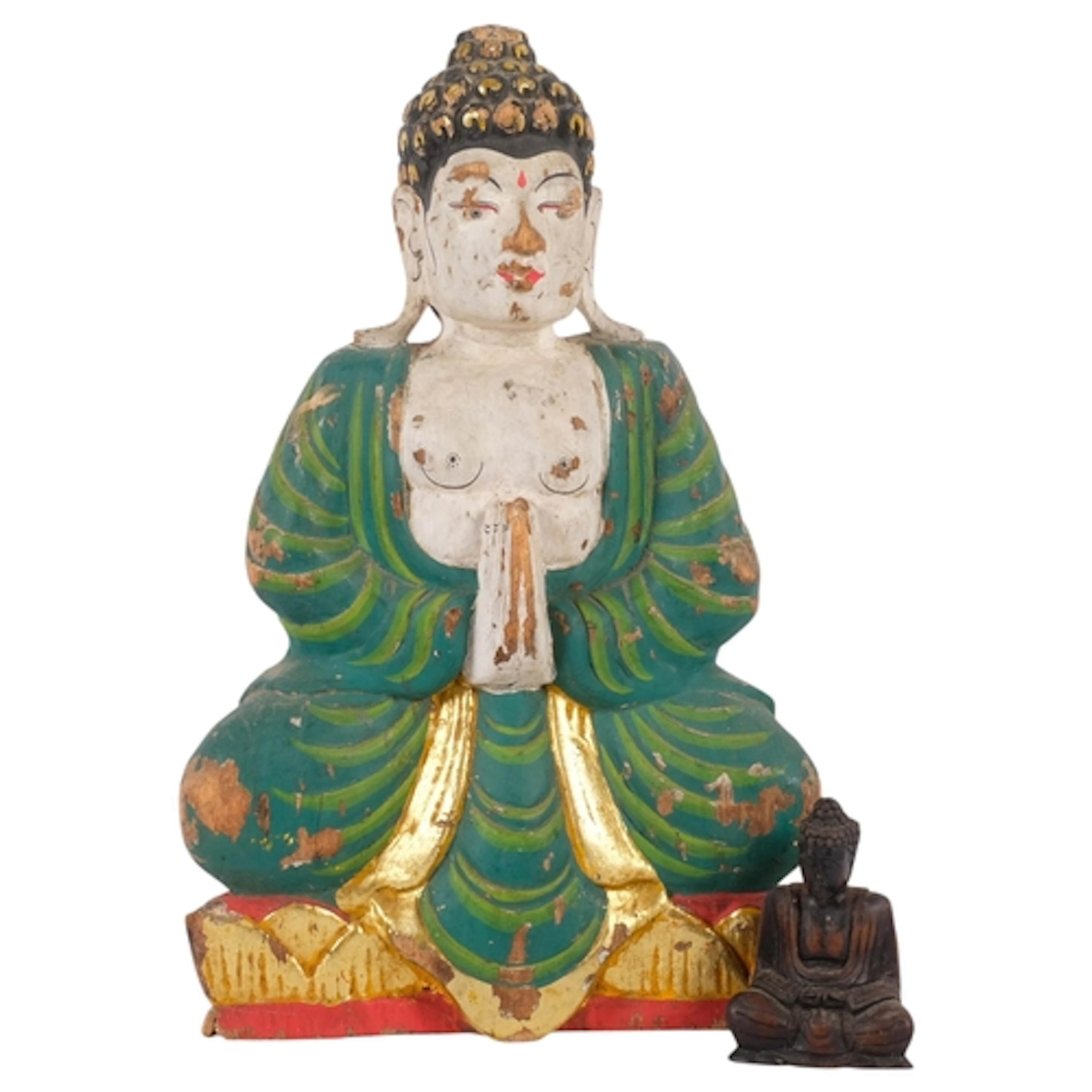 A painted carved wood seated Buddha, 34.5cm, and a small car...
