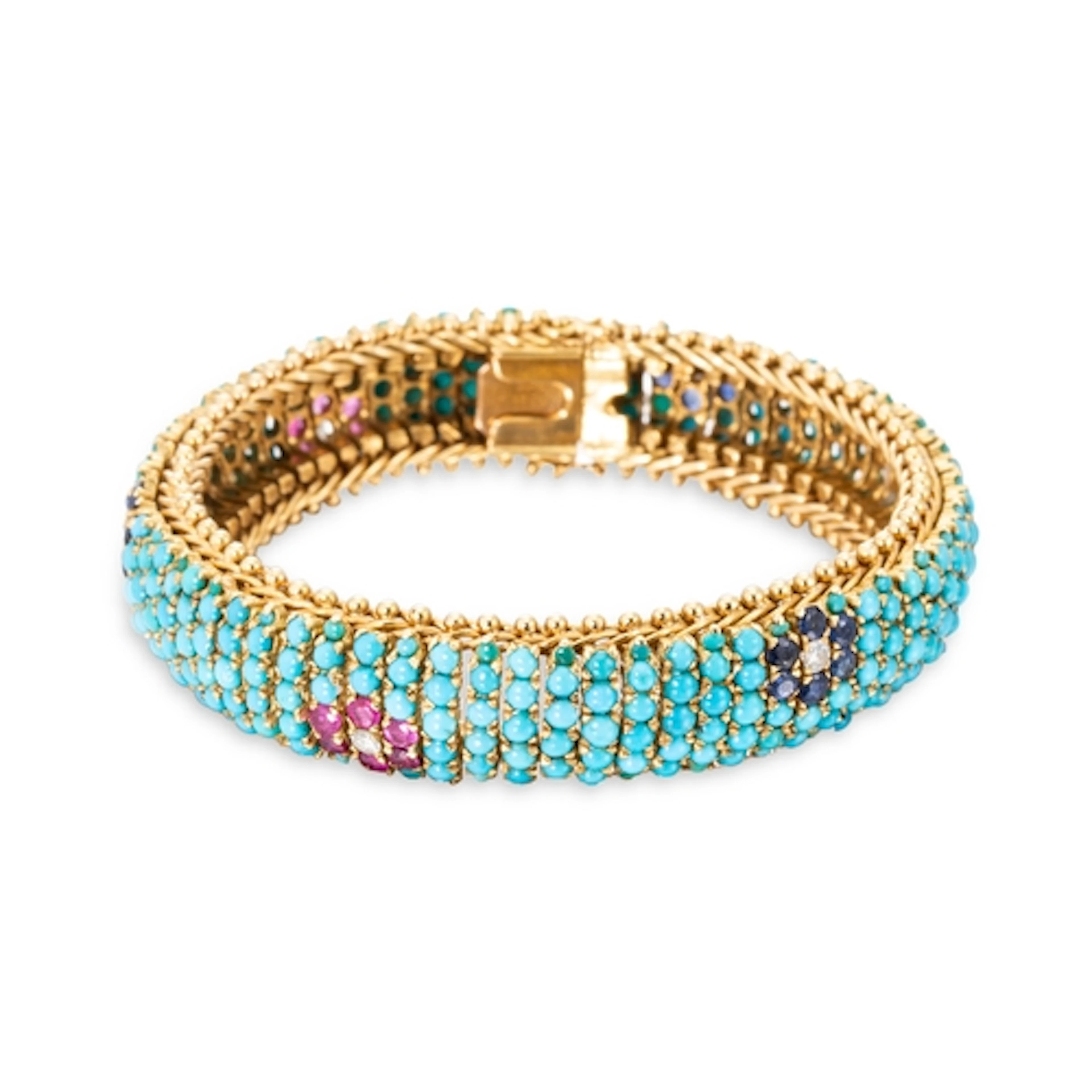 A 1960's TURQUOISE, SAPPHIRE, RUBY AND DIAMOND BRACELET, pav...