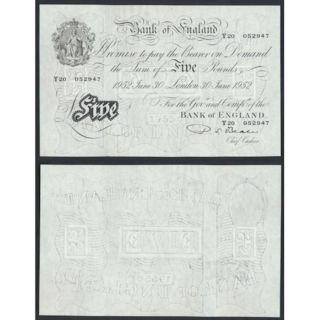 P.S. Beale. 1952 £5 (30 June) Y20 052947 good extremely fine...