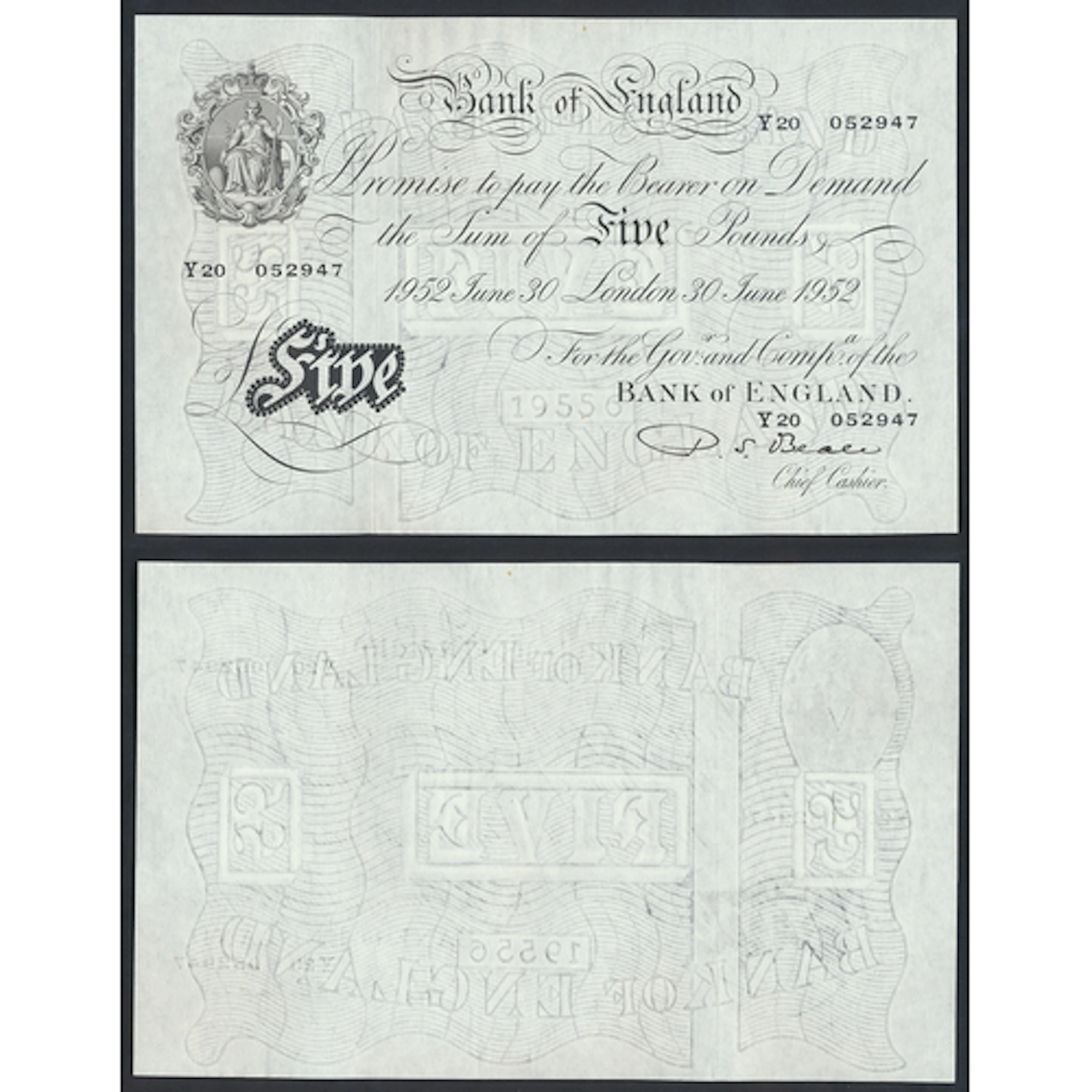 P.S. Beale. 1952 £5 (30 June) Y20 052947 good extremely fine...